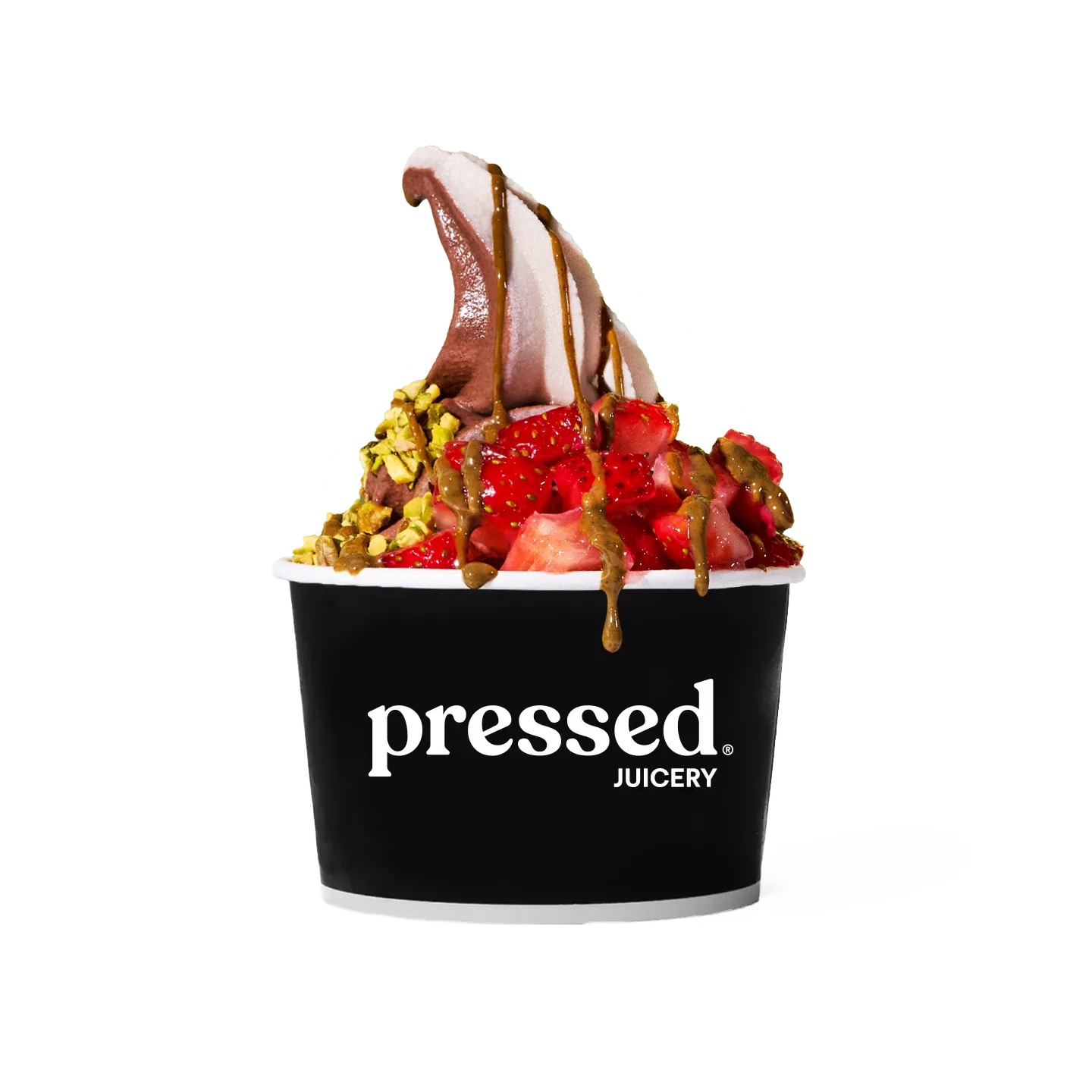 Pressed Juicery Dubai-Style Chocolate Sundae topped with strawberries and chocolate on a white background.