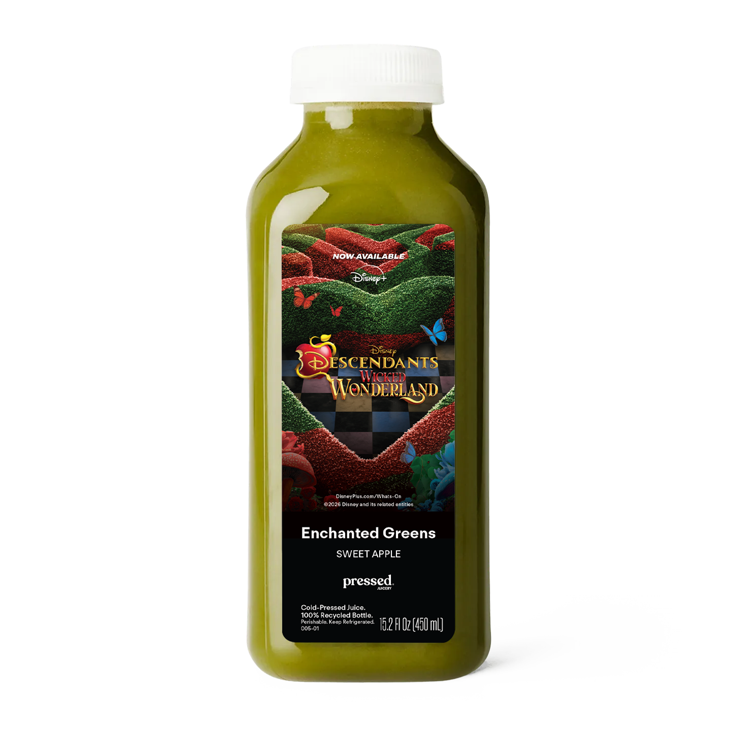 A bottle of Descendants of the Kingdom of Wakanda Enchanted Greens Sweet Apple juice, featuring a white cap and a black label with a colorful garden illustration, set against a plain white background.