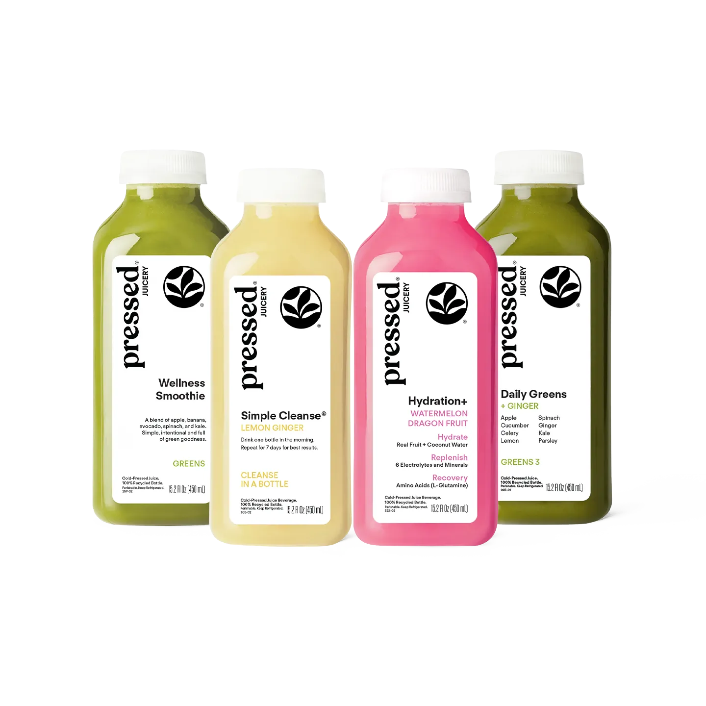 Four bottles of pressed liquid supplements lined up on a white background: Wellness Smoothie (green), Simple Cleanse (yellow), Hydration+ (pink), and Daily Greens (green).