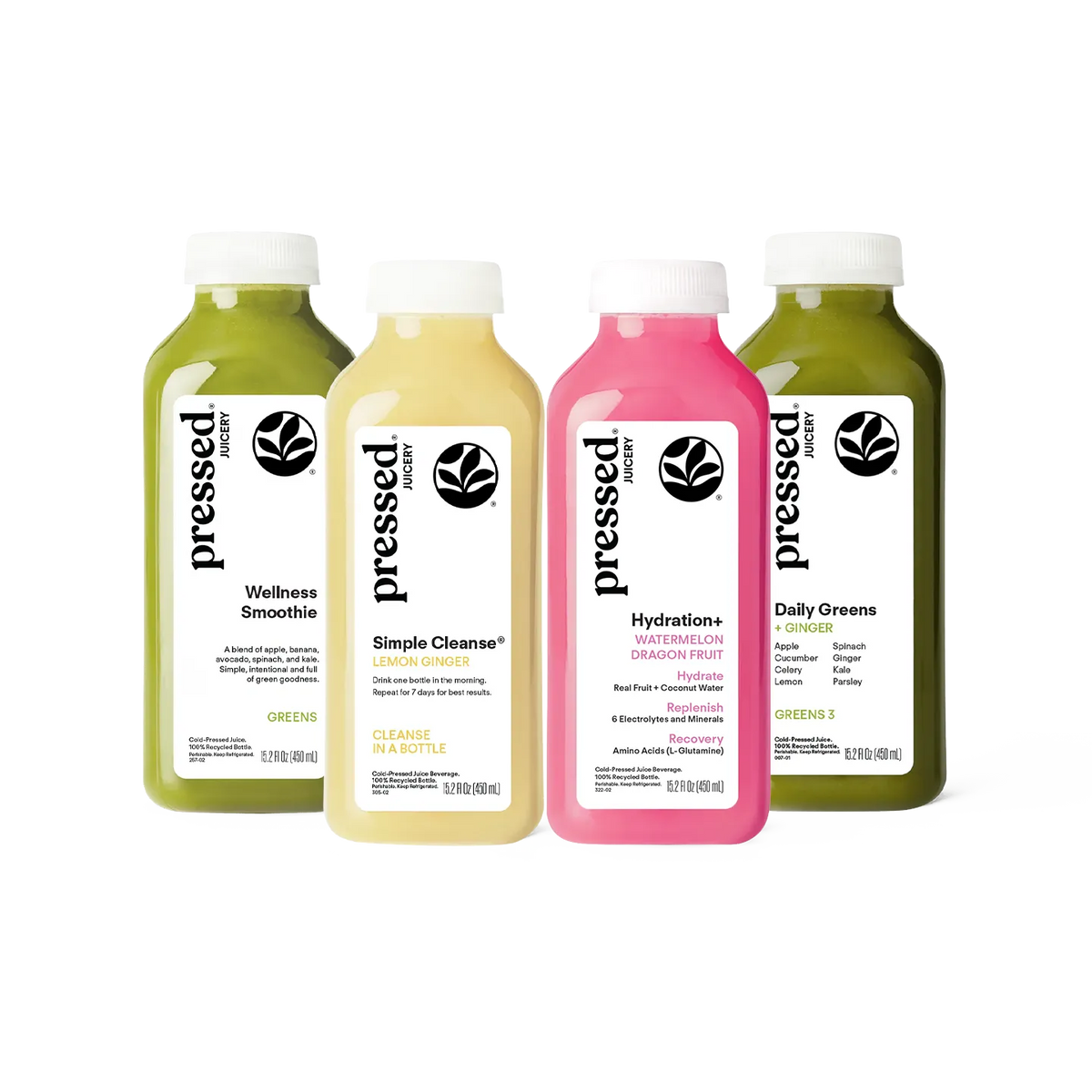 Pressed Juicery Express Half-Day Cleanse with Greens Smoothie, Simple Cleanse® Juice, Hydration+ Watermelon Dragon Fruit, and Daily Greens 3 on a white background.