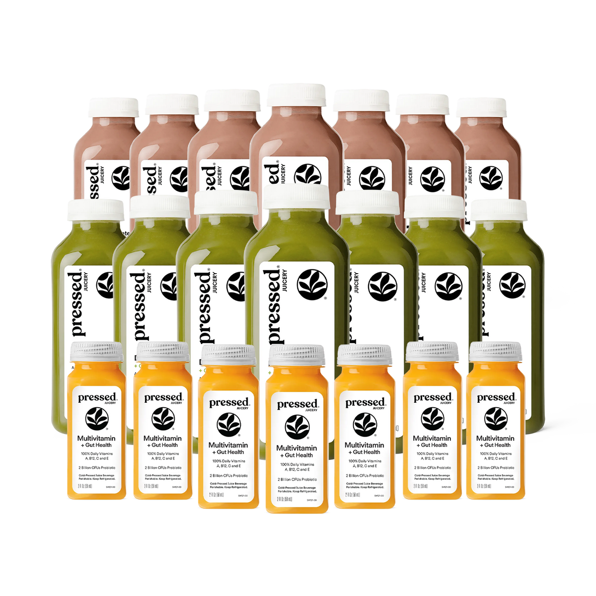Pressed Juicery GLP-1 Daily Support Pack with Dark Chocolate Protein Smoothies, Greens 3, and Multivitamin + Gut Health Shots on a white background.