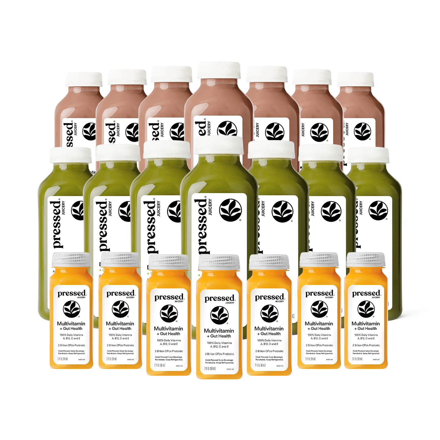 A set of 16 bottled juices from the brand 'pressed' arranged in two rows against a plain white background. The front row contains six small orange-yellow bottles of 'Multivitamin + Gut Health', and the back row contains eight larger green bottles of 'Green Juice'.