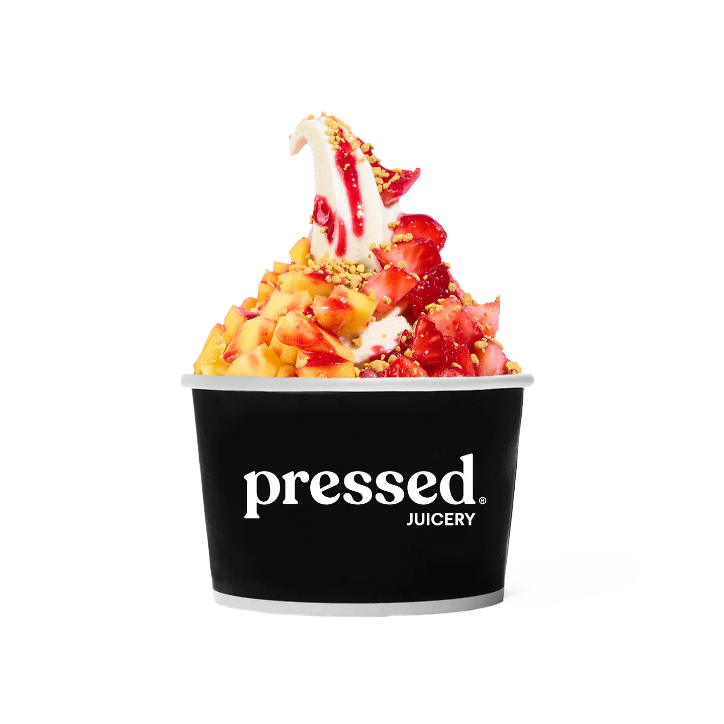 Pressed Juicery Glow Up Sundae in a black cup on a white background.