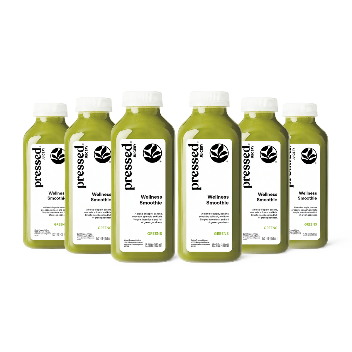 Six bottles of Pressed Wellness Green Juice Smoothie arranged in two rows on a white background.