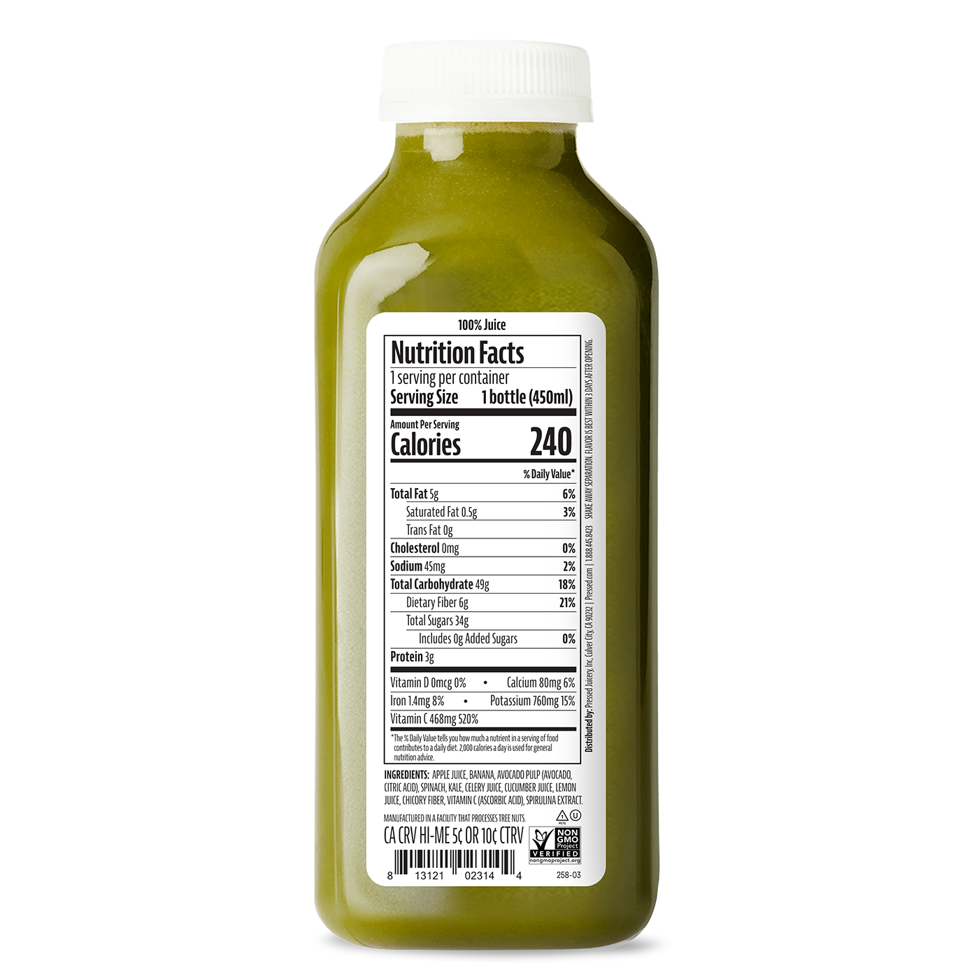 A bottle of Greens Smoothie with a white cap, showing the back label with nutrition facts and ingredients, on a white background.