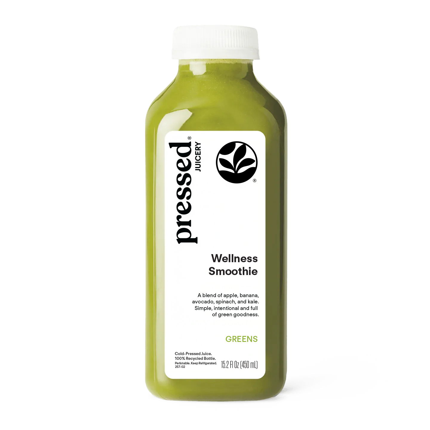 A bottle of Pressed Juicery Wellness Smoothie in the Greens flavor, filled with green juice and featuring a white label and cap, set against a plain white background.