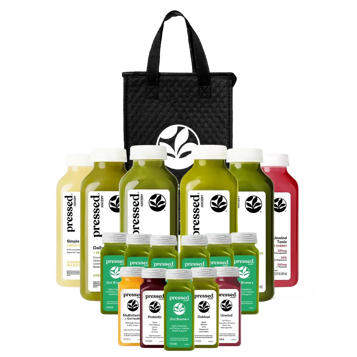 Collection of 'pressed' juice bottles and a black handbag on a white background