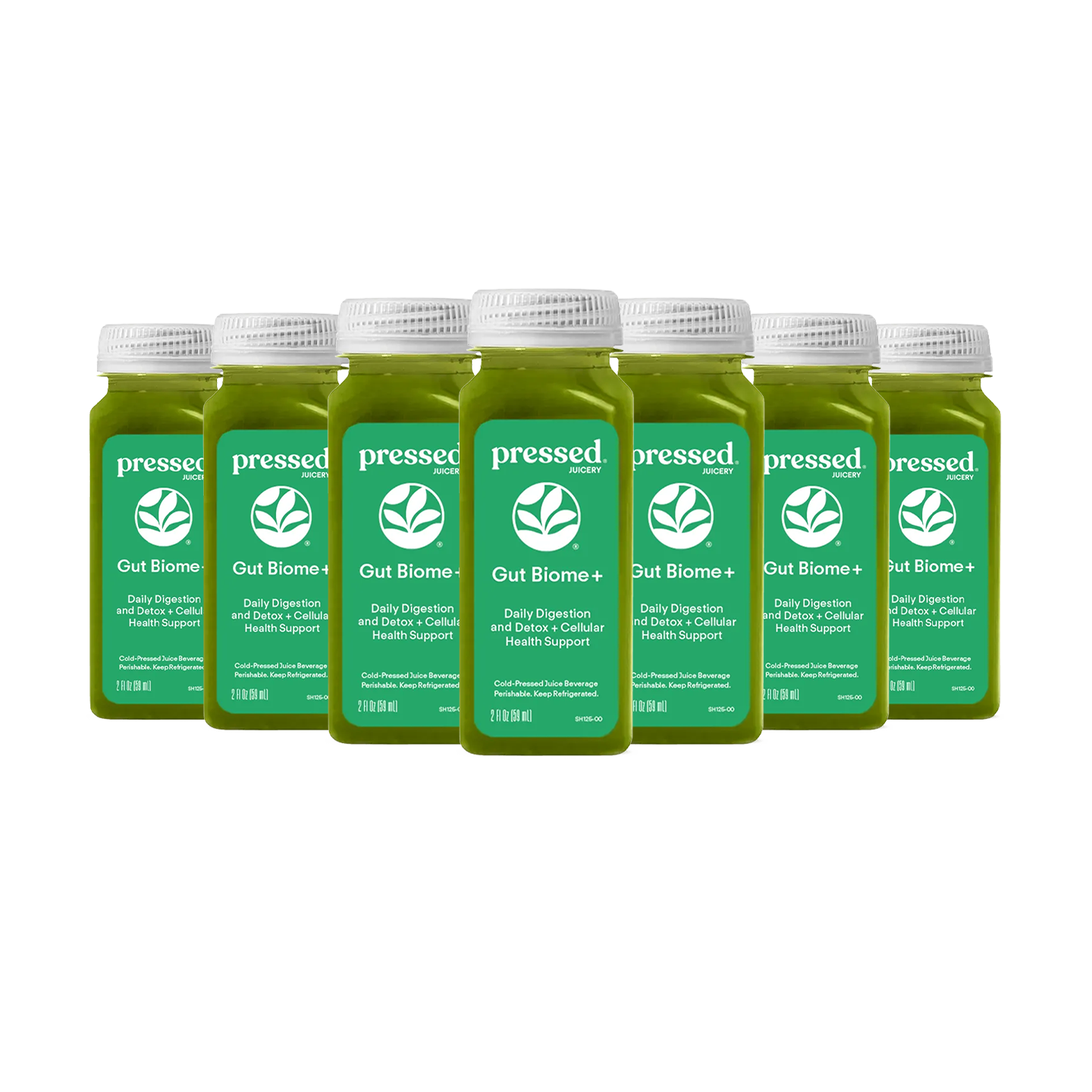 Six bottles of Pressed Foods Gut Biome+ juice arranged in a row against a plain white background.