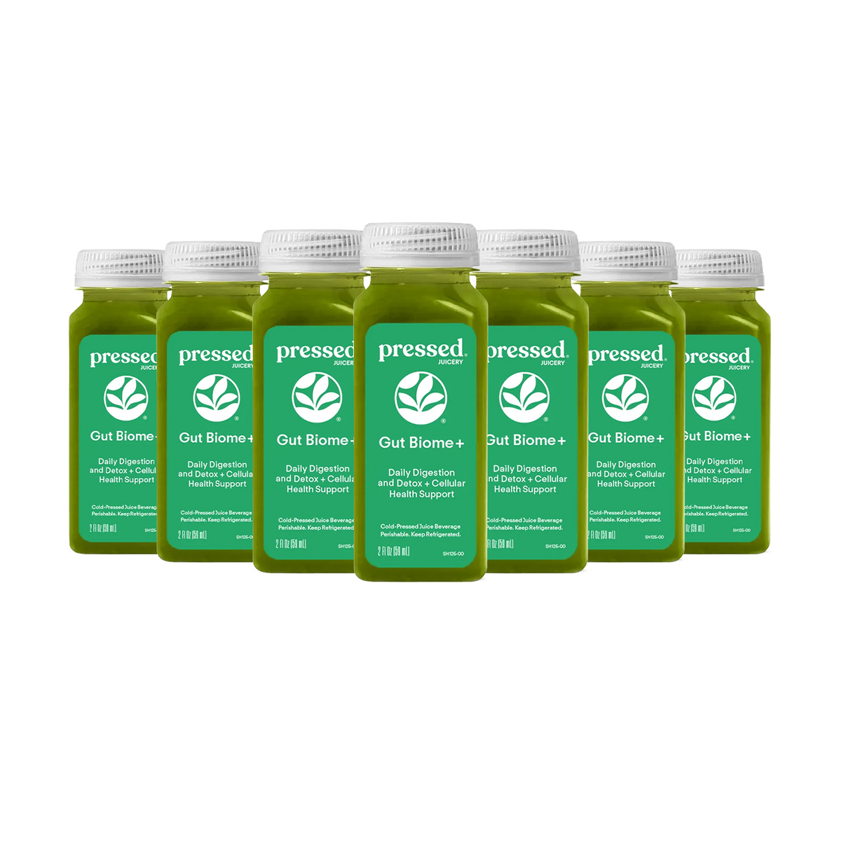 Pressed Juicery Gut Biome+ Shot 7-Pack on a white background.
