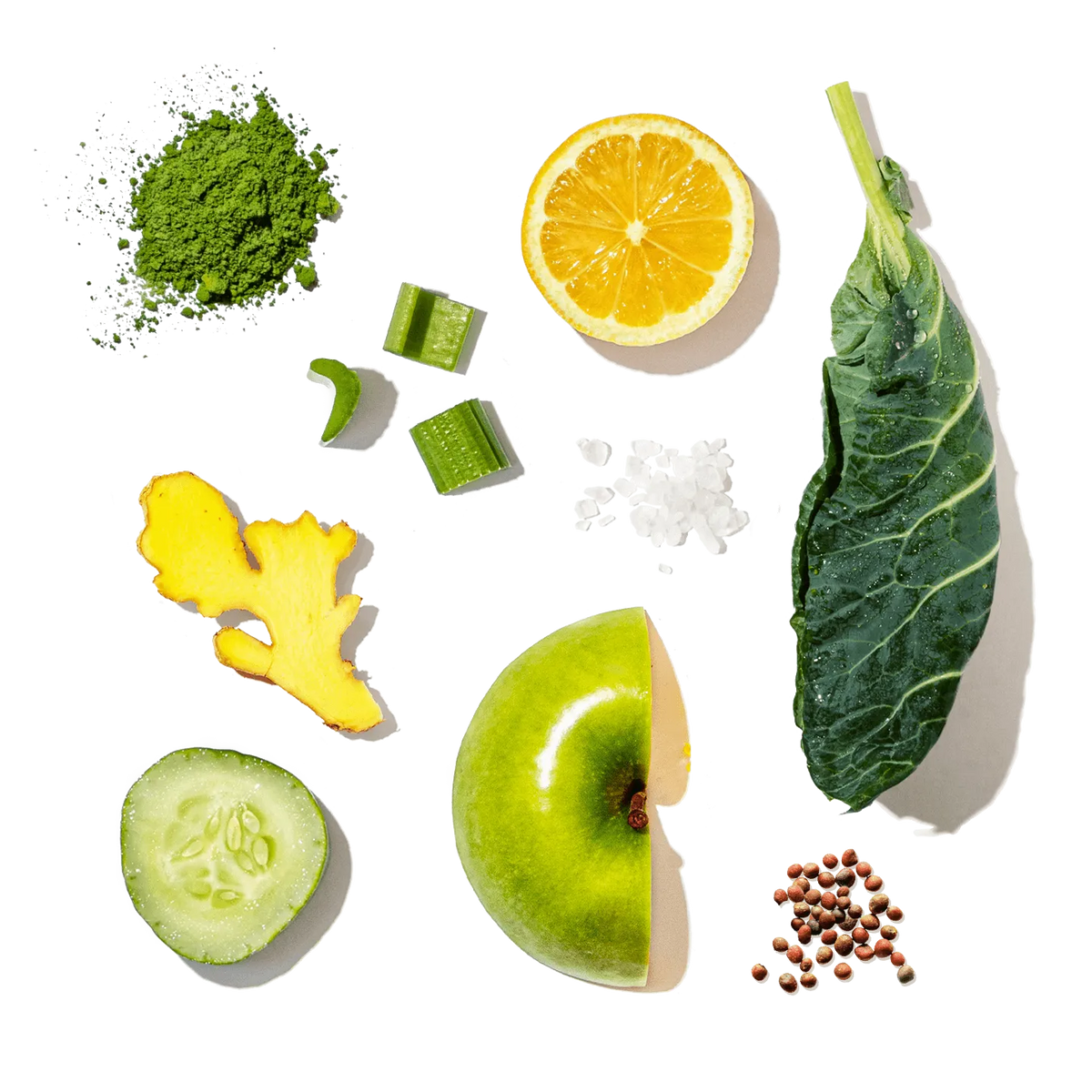 Collage of various green vegetables and fruits on a white background