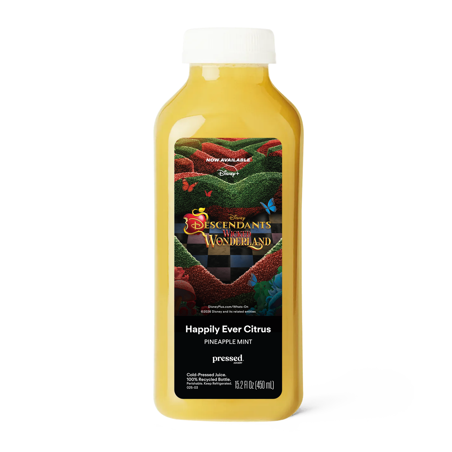 A bottle of pressed! brand 'Happily Ever Citrus' pineapple mint cold-pressed juice. The bottle is filled with a golden-yellow liquid and features a white screw cap and a black label with colorful artwork depicting a fantasy landscape and the 'Descendants of the World' logo.