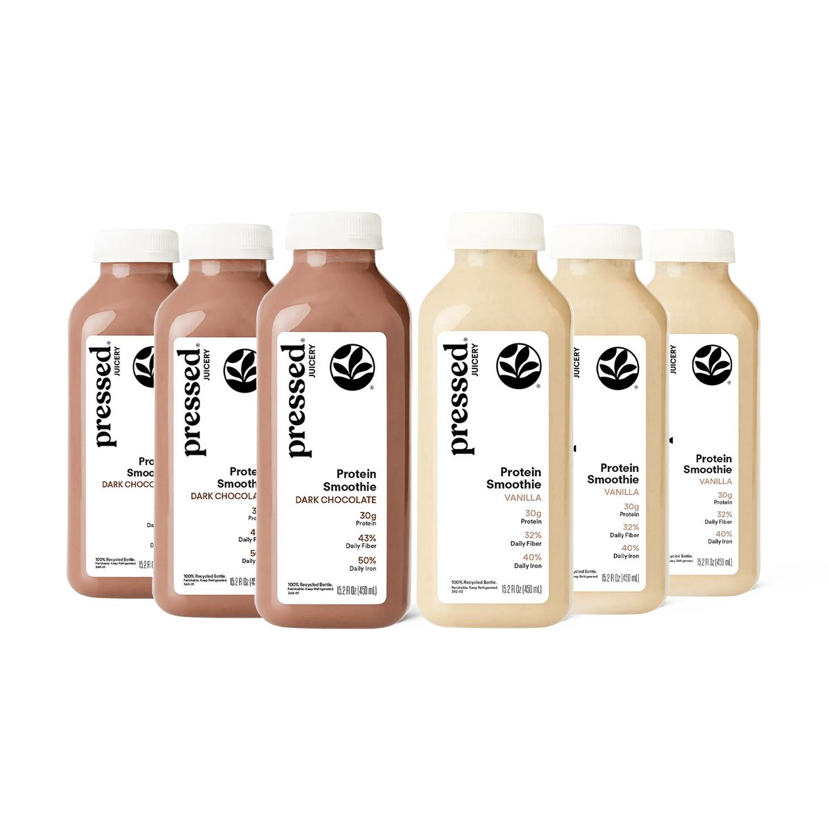 Pressed Juicery High Protein Smoothie Variety Pack with 3 Vanilla and 3 Dark Chocolate 30g protein smoothies
