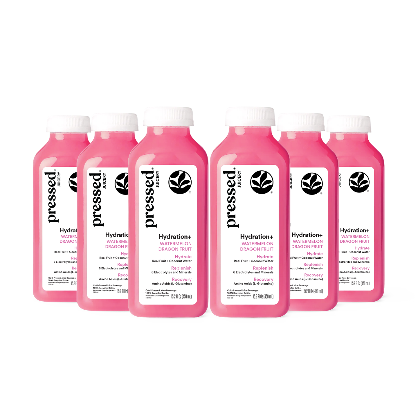 Six pink bottles of pressed Hydration+ electrolyte drink mix, arranged in a row against a plain white background.