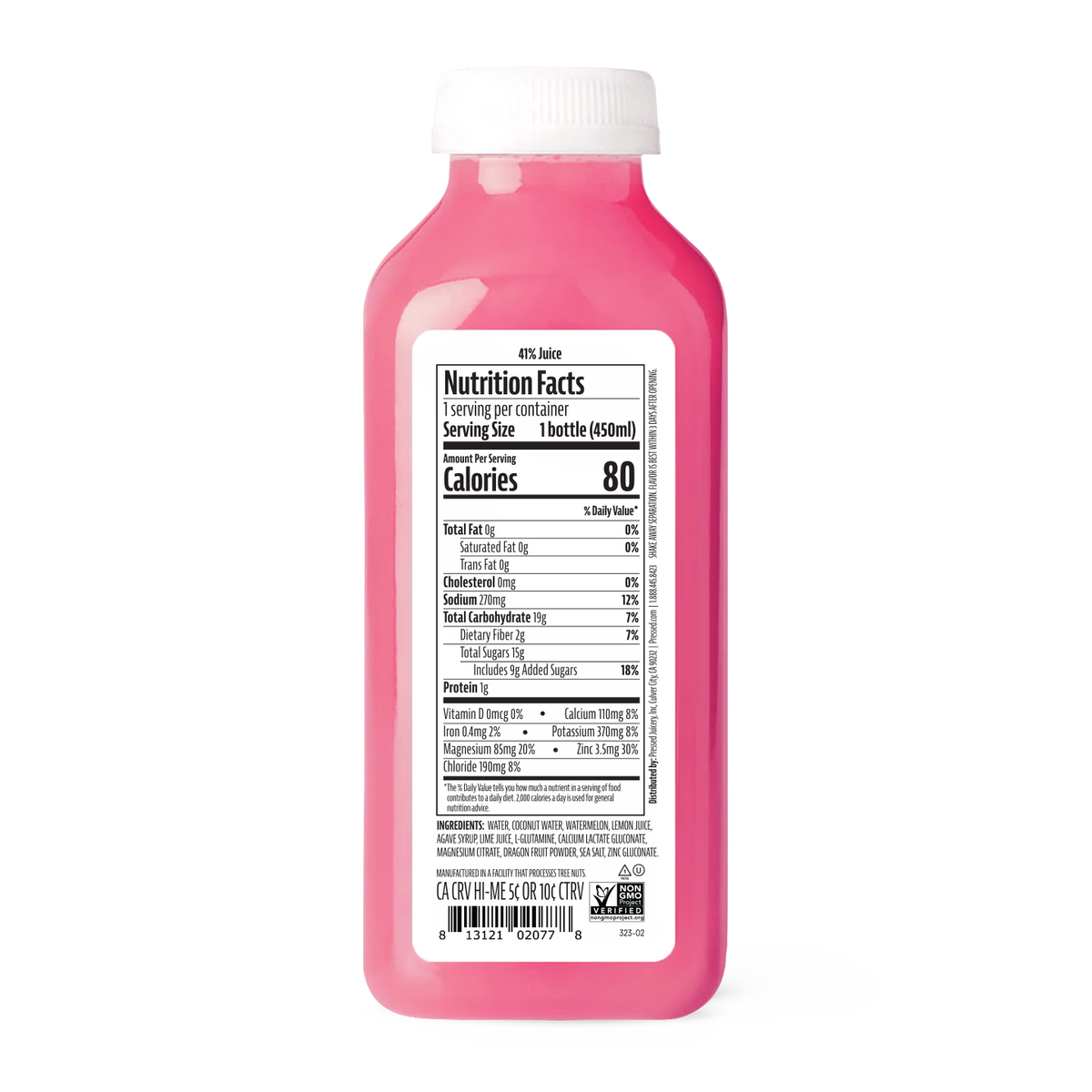 A bottle of pink juice with a white cap, showing the back of the label with nutrition facts, on a plain white background.