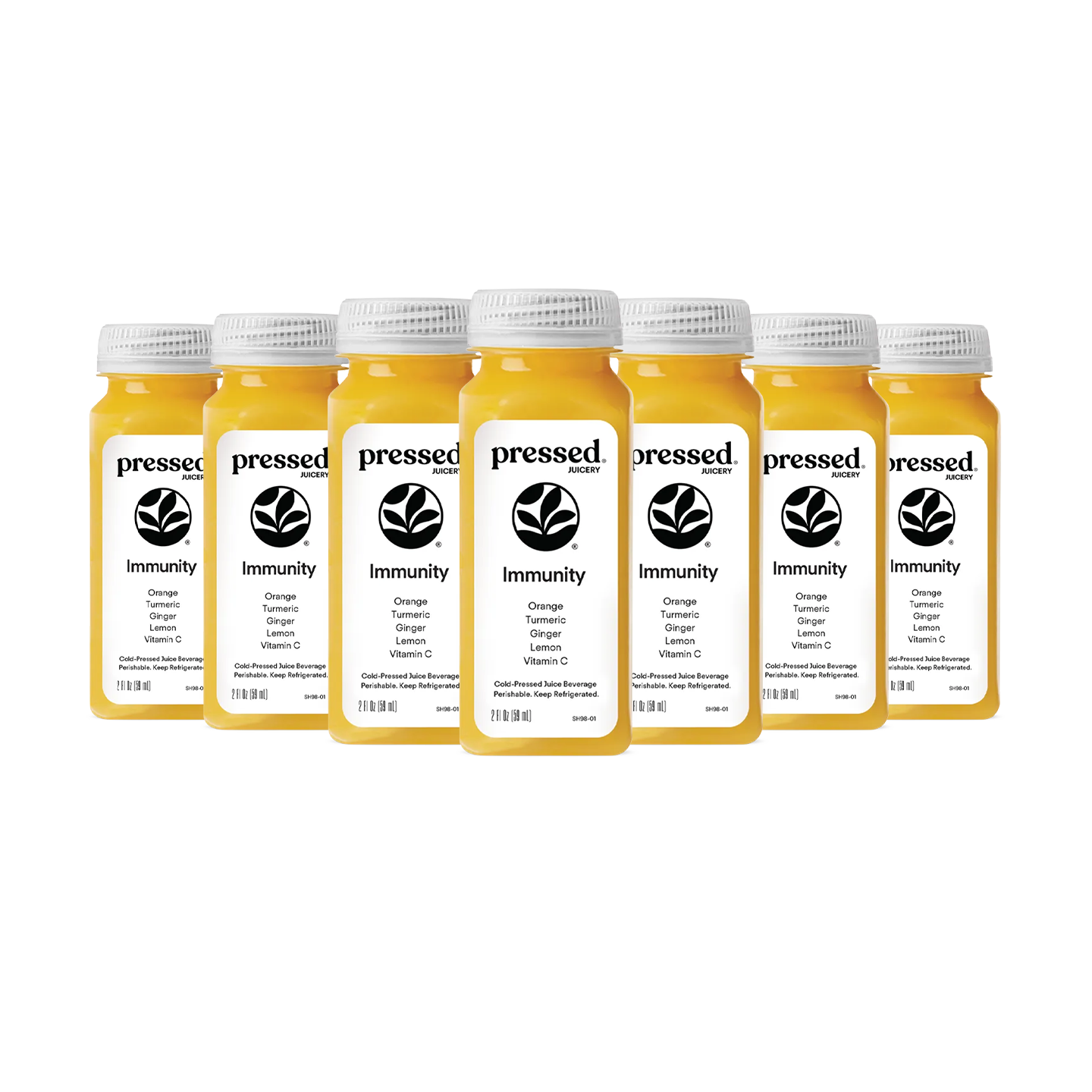 Six bottles of Pressed Nutrition Immunity juice arranged in a row on a plain white background.