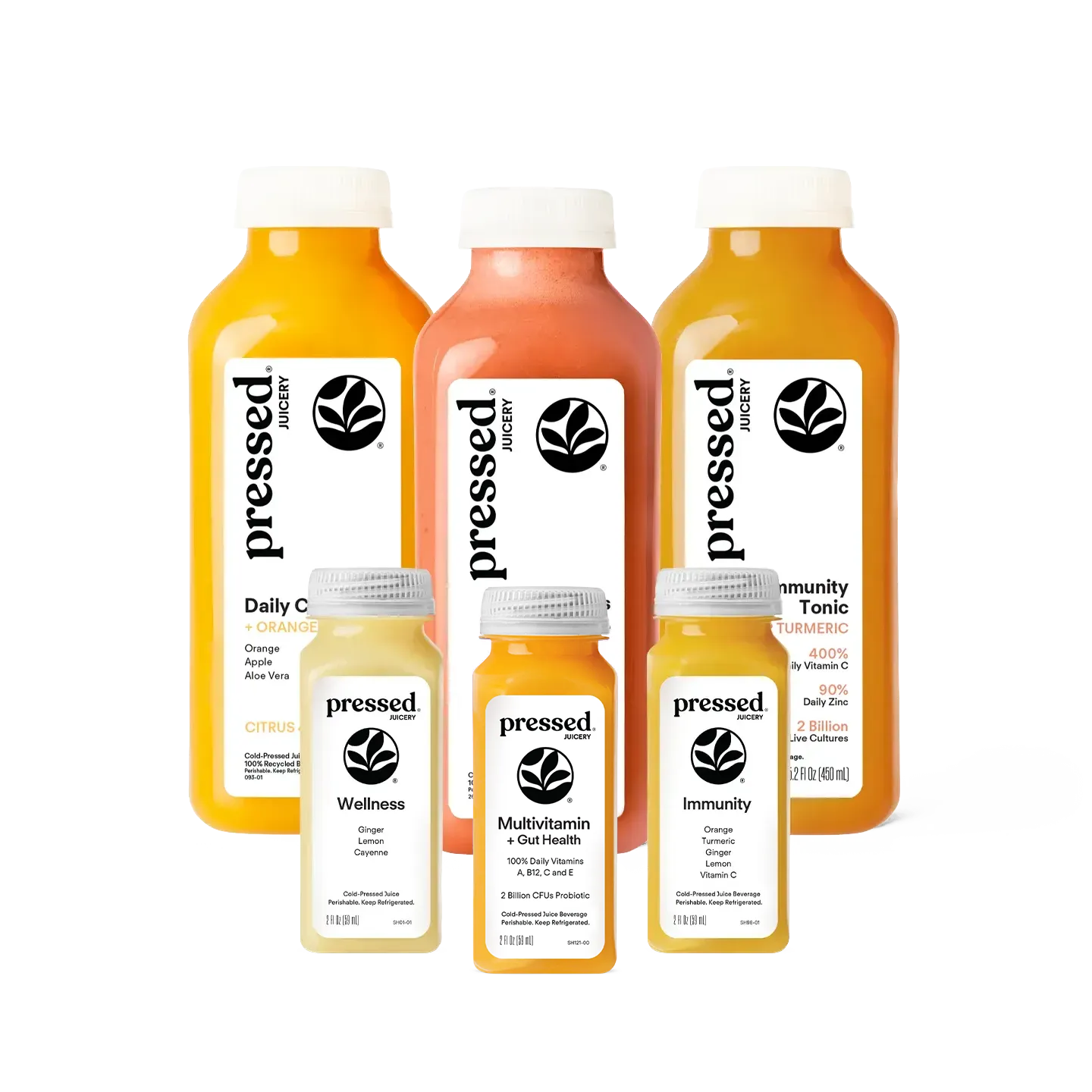 Pressed Juicery Immunity Support Pack arranged on a white background.