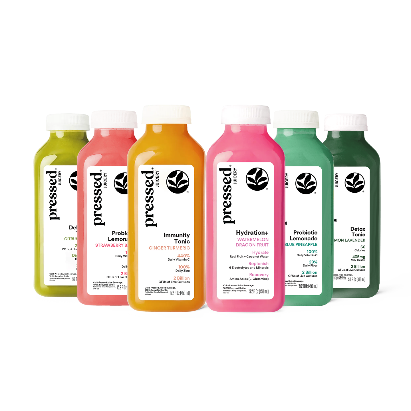 Six bottled drinks from pressed brand lined up on a white background, showing different juice flavors in green, pink, orange, and dark green bottles with white caps and white labels.