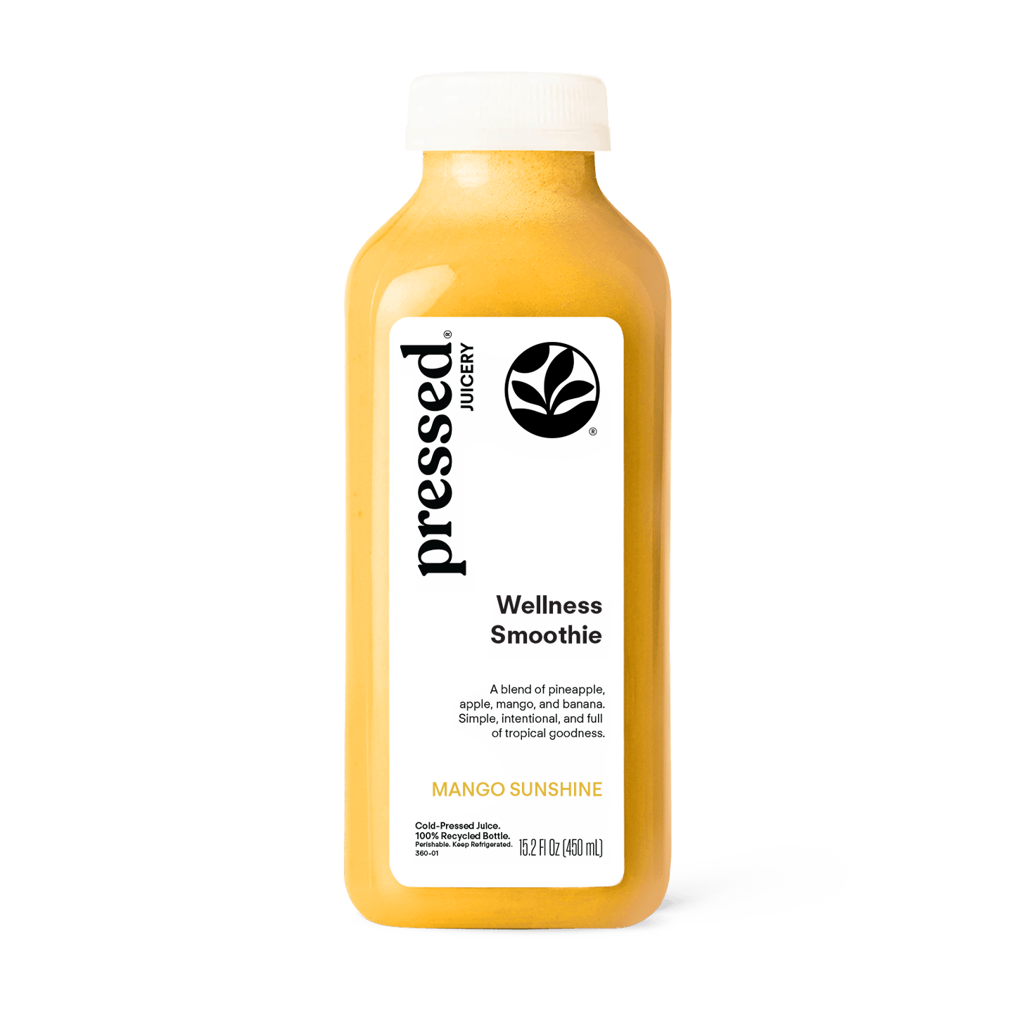 Bottle of pressed Juicery Mango Sunshine Wellness Smoothie on a white background