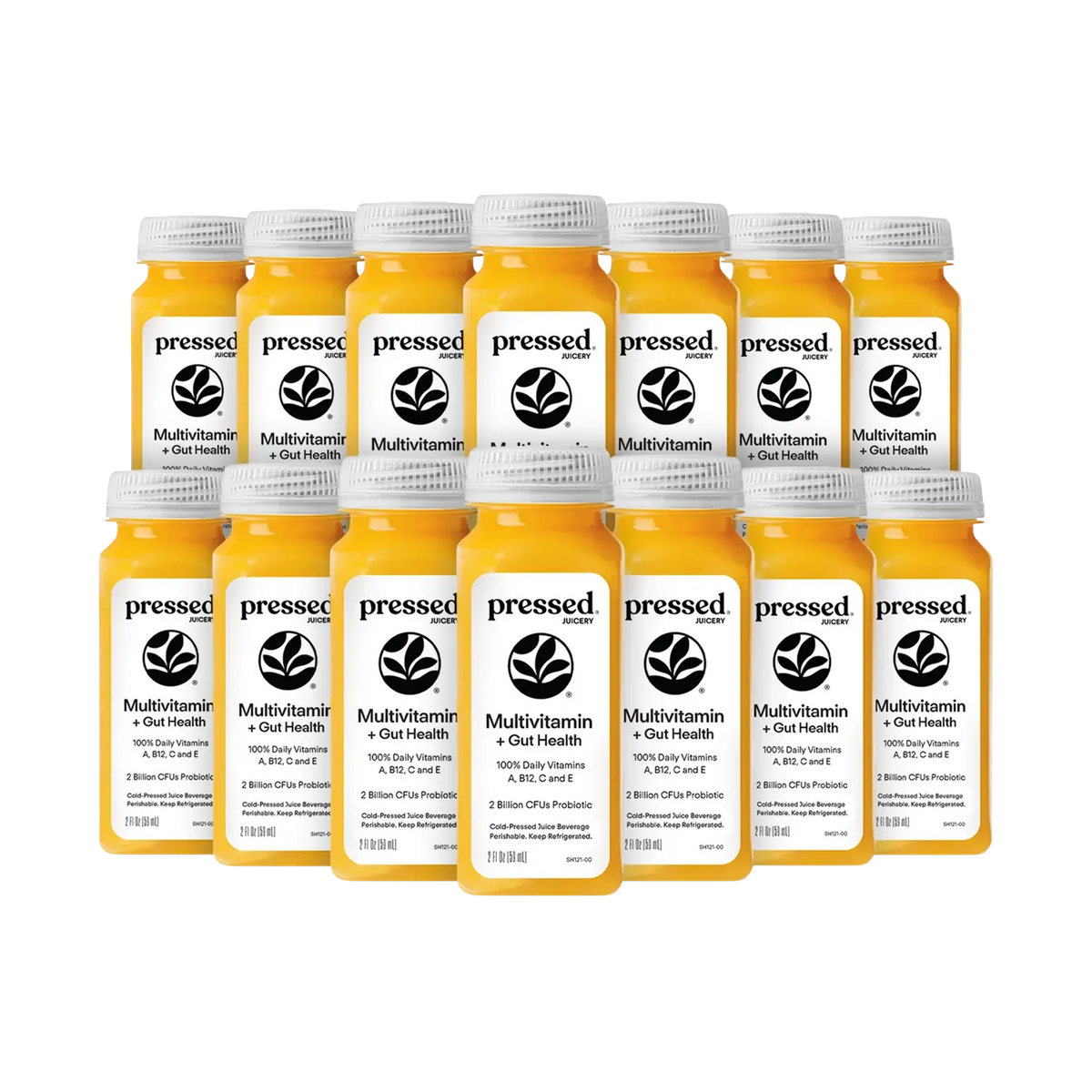 Pressed Juicery Multivitamin + Gut Health Shot 14-Pack on a white background.