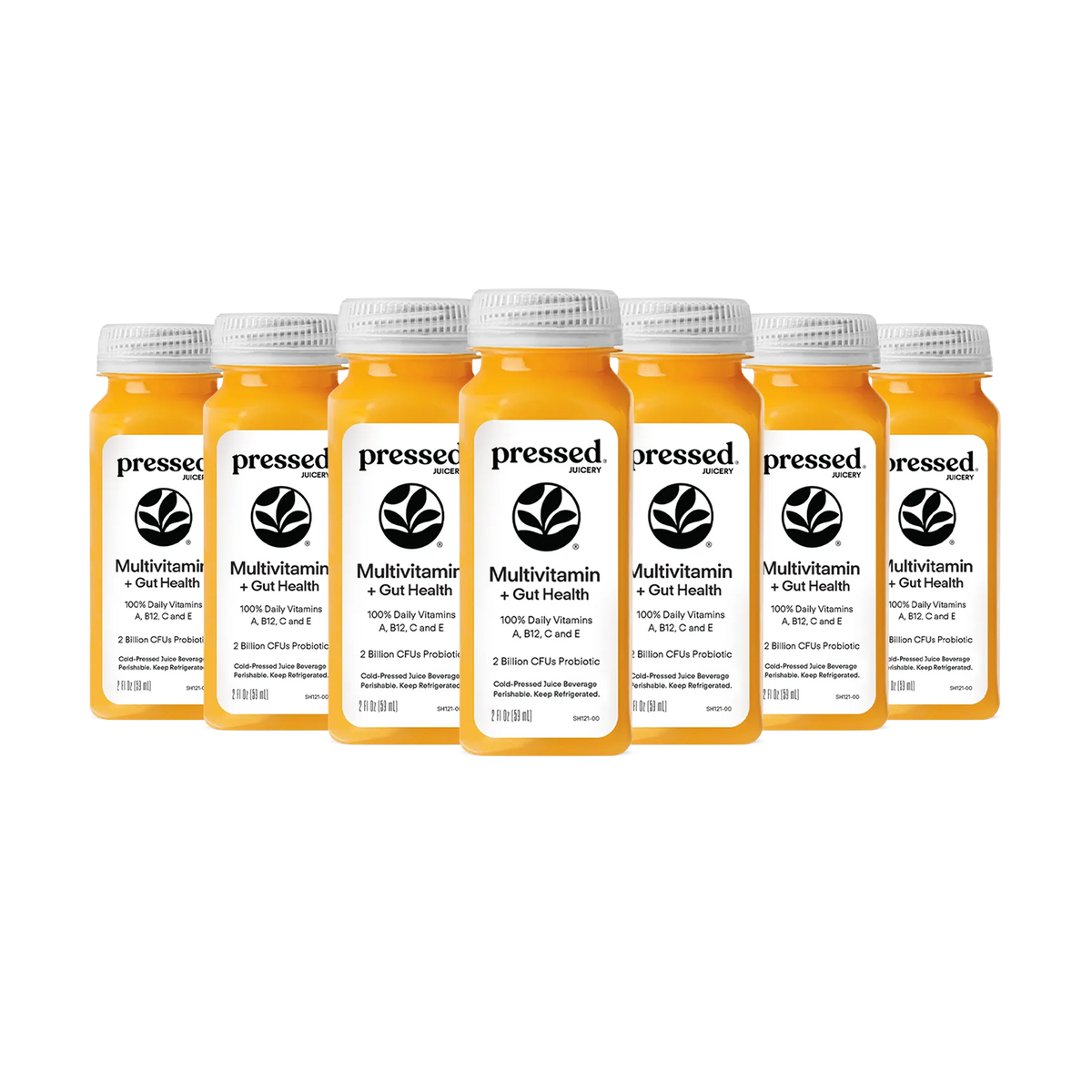 Pressed Juicery Multivitamin + Gut Health Shot 7-Pack on a white background.