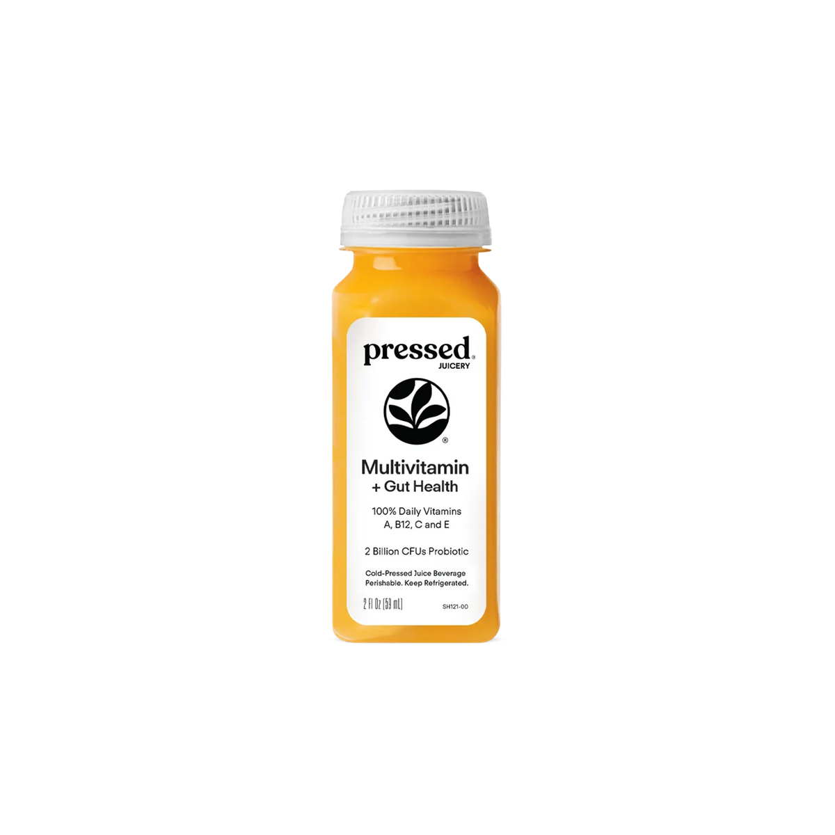 Pressed Juicery Multivitamin + Gut Health Shot bottle on a white background.