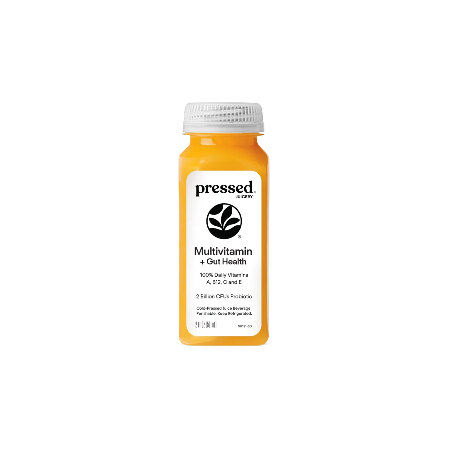 A bottle of Pressed Angry Multivitamin + Gut Health in a vibrant orange bottle with a white cap and white label, centered on a plain white background.