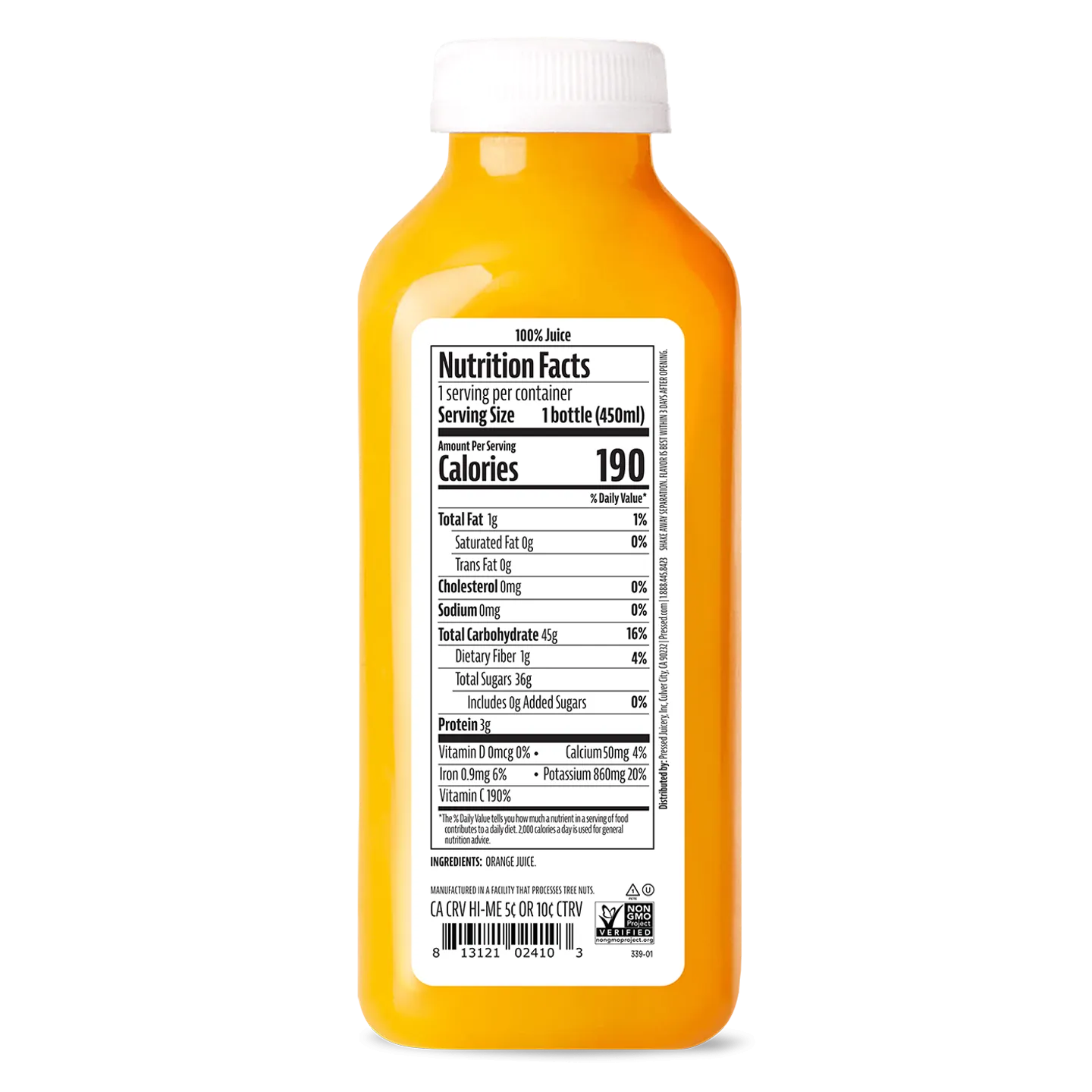 Orange juice bottle with a nutrition facts label on a white background
