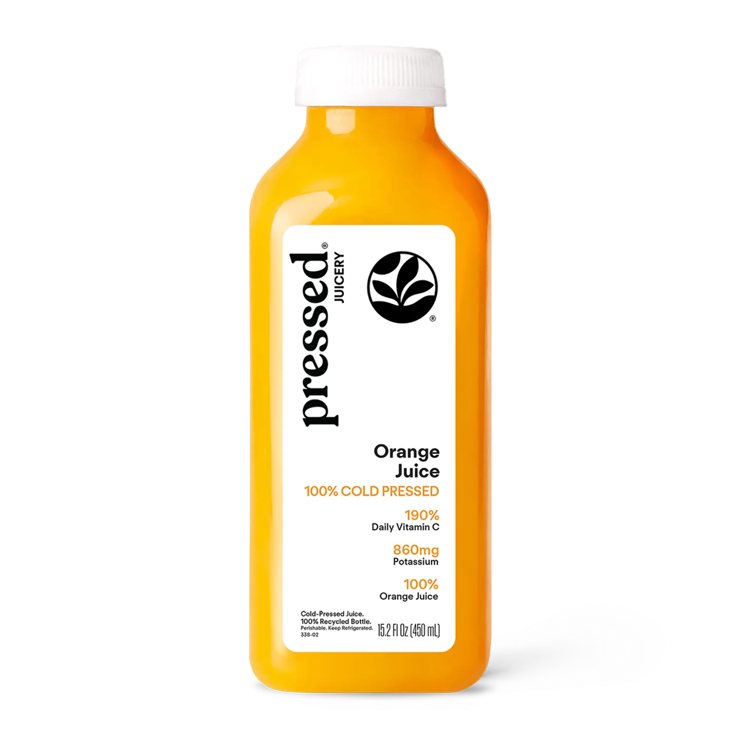 Bottle of pressed Juicery Orange Juice on a white background