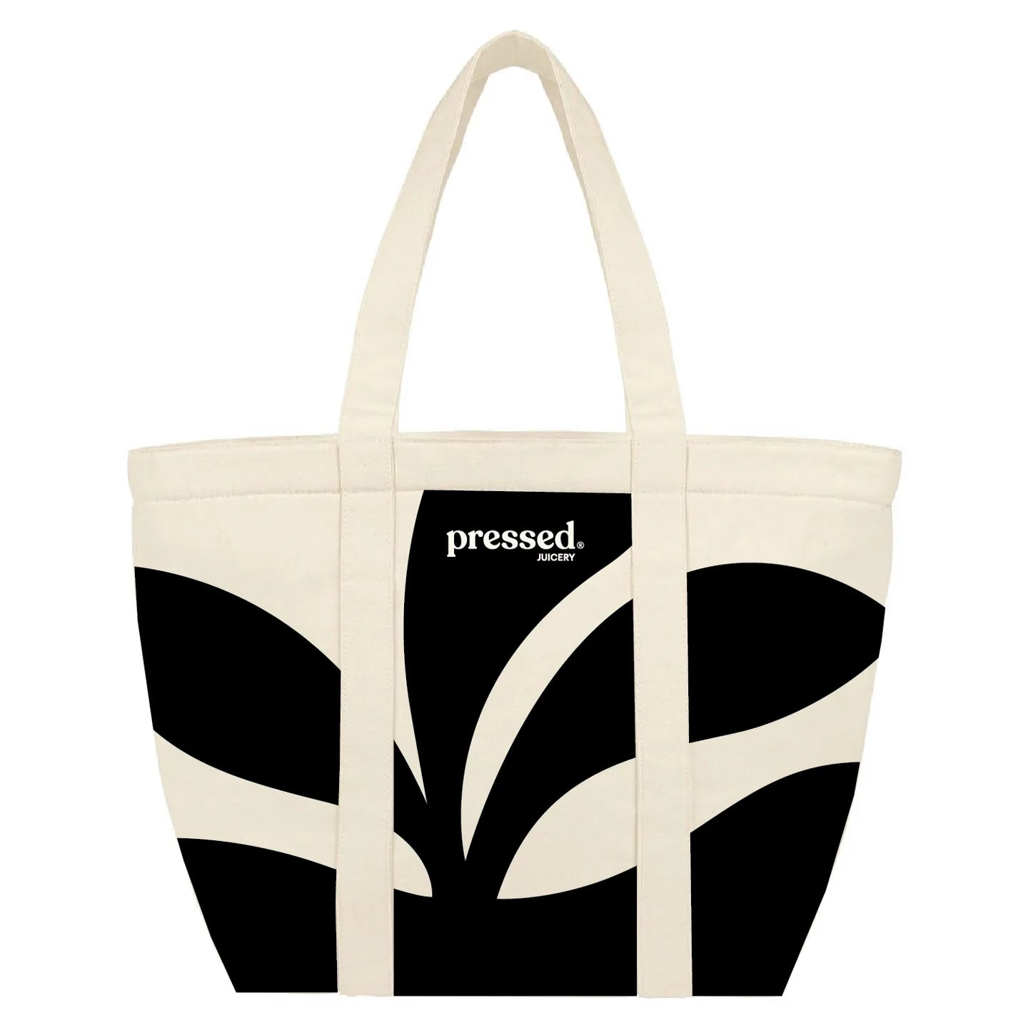 Beige tote bag with black abstract design and 'pressed' branding on a white background