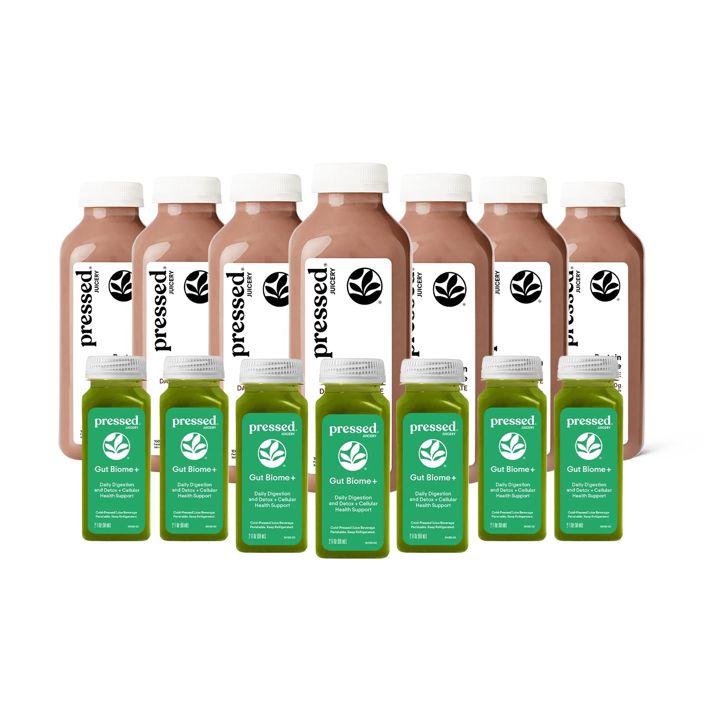 A set of 10 Pressed Nutrition juice bottles, including five larger brown bottles and five smaller green bottles, arranged in two rows against a plain white background.