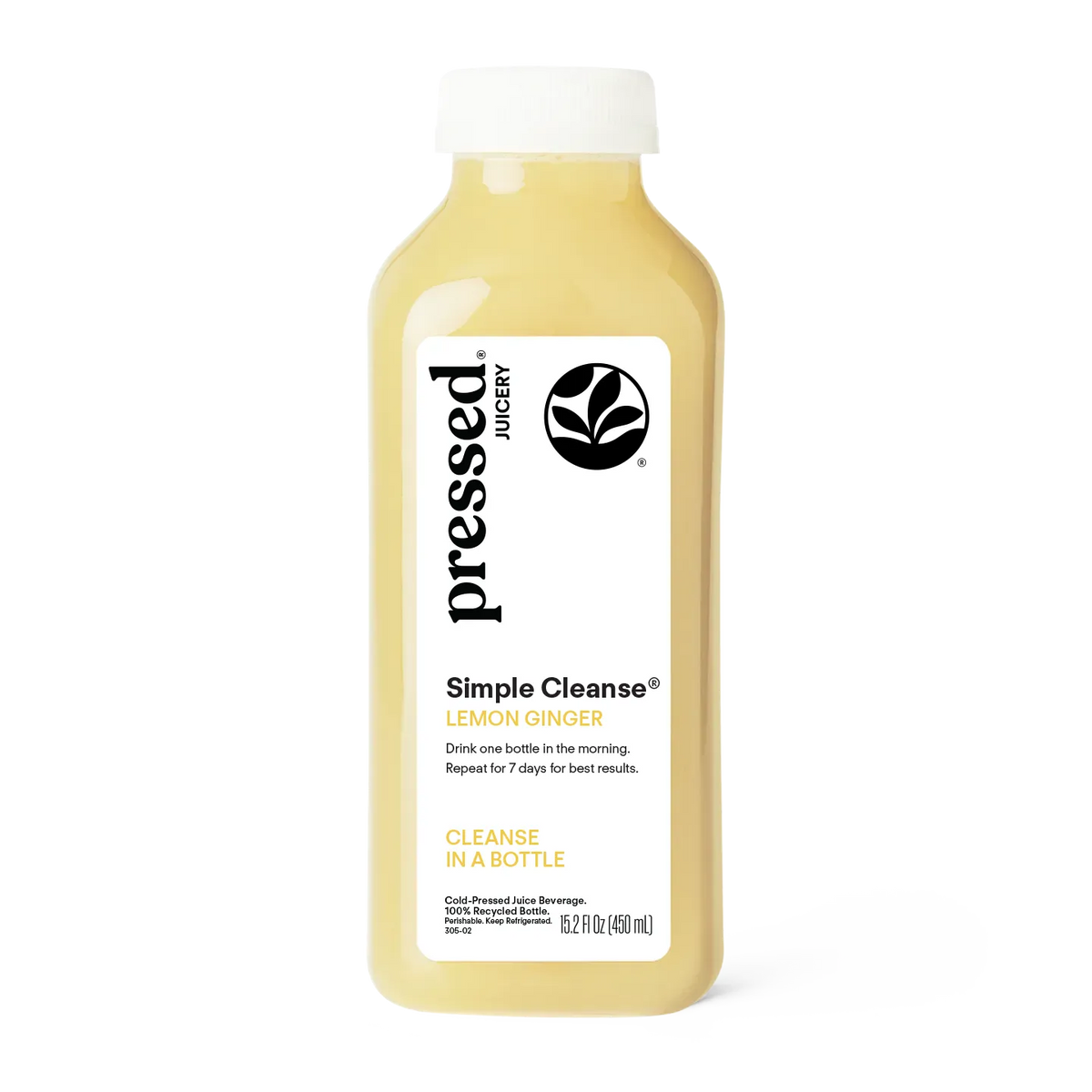 Bottle of Pressed Juicery Lemon Ginger Simple Cleanse on a white background