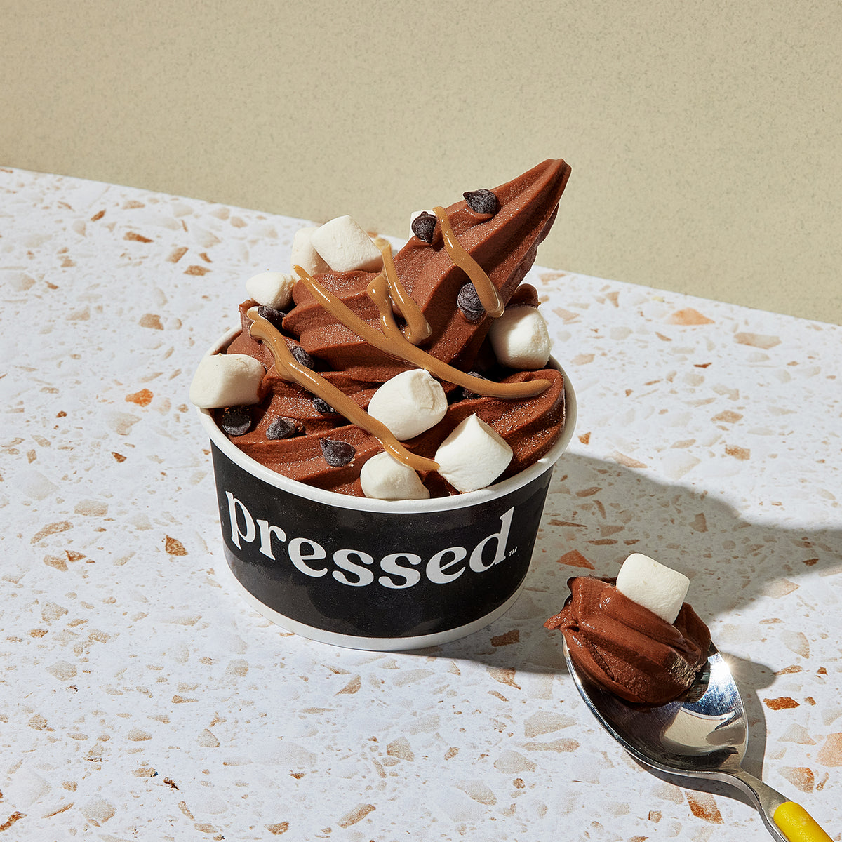 Pressed Juicery S'mores Sundae with chocolate soft serve, marshmallows, chocolate chips and a creamy drizzle