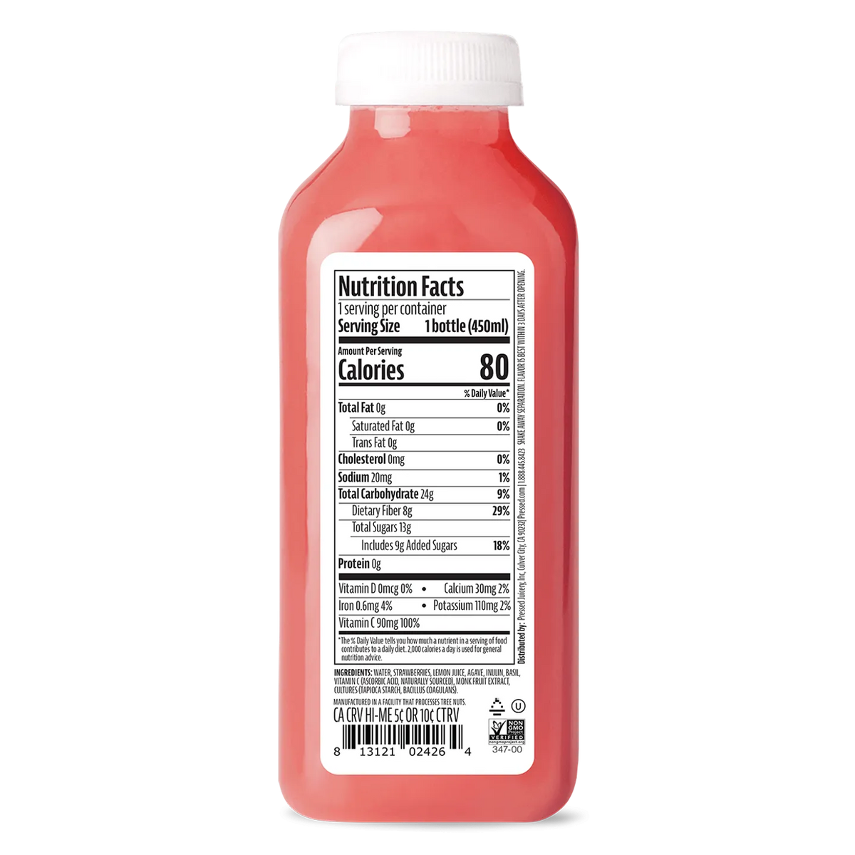 Bottle of juice with a nutrition facts label on a white background