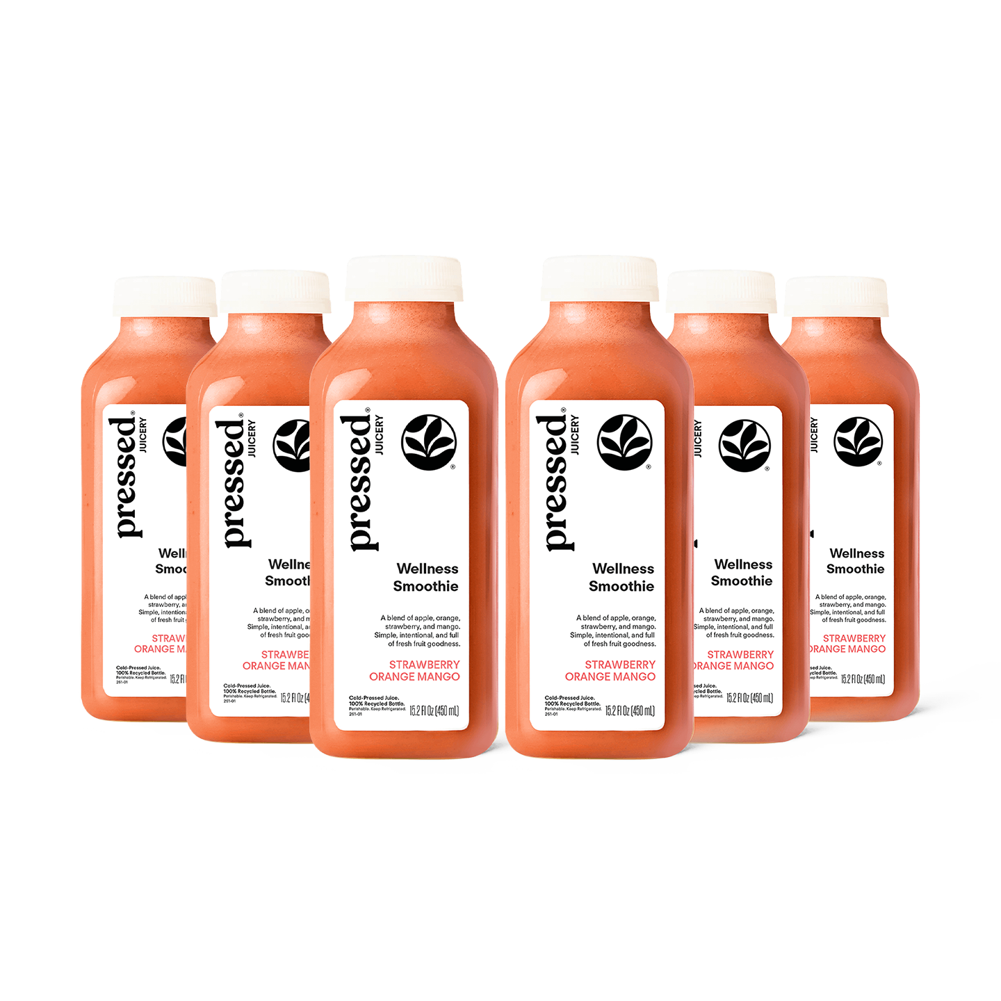 Six bottles of pressed Juicery Strawberry Orange Mango Wellness Smoothies on a white background