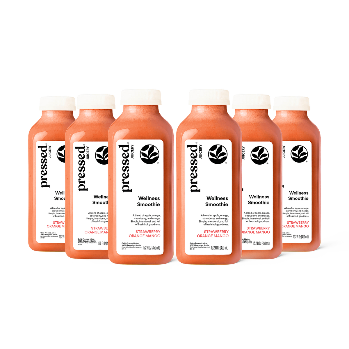 Six bottles of pressed Juicery Strawberry Orange Mango Wellness Smoothies on a white background