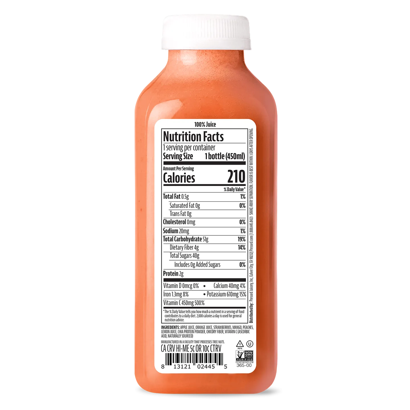 Bottle of juice with a nutrition facts label on a white background
