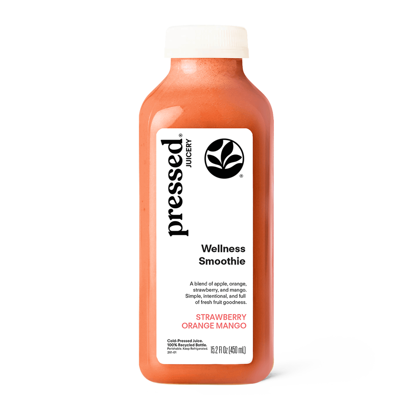 Bottle of pressed Juicery Strawberry Orange Mango Wellness Smoothie on a white background