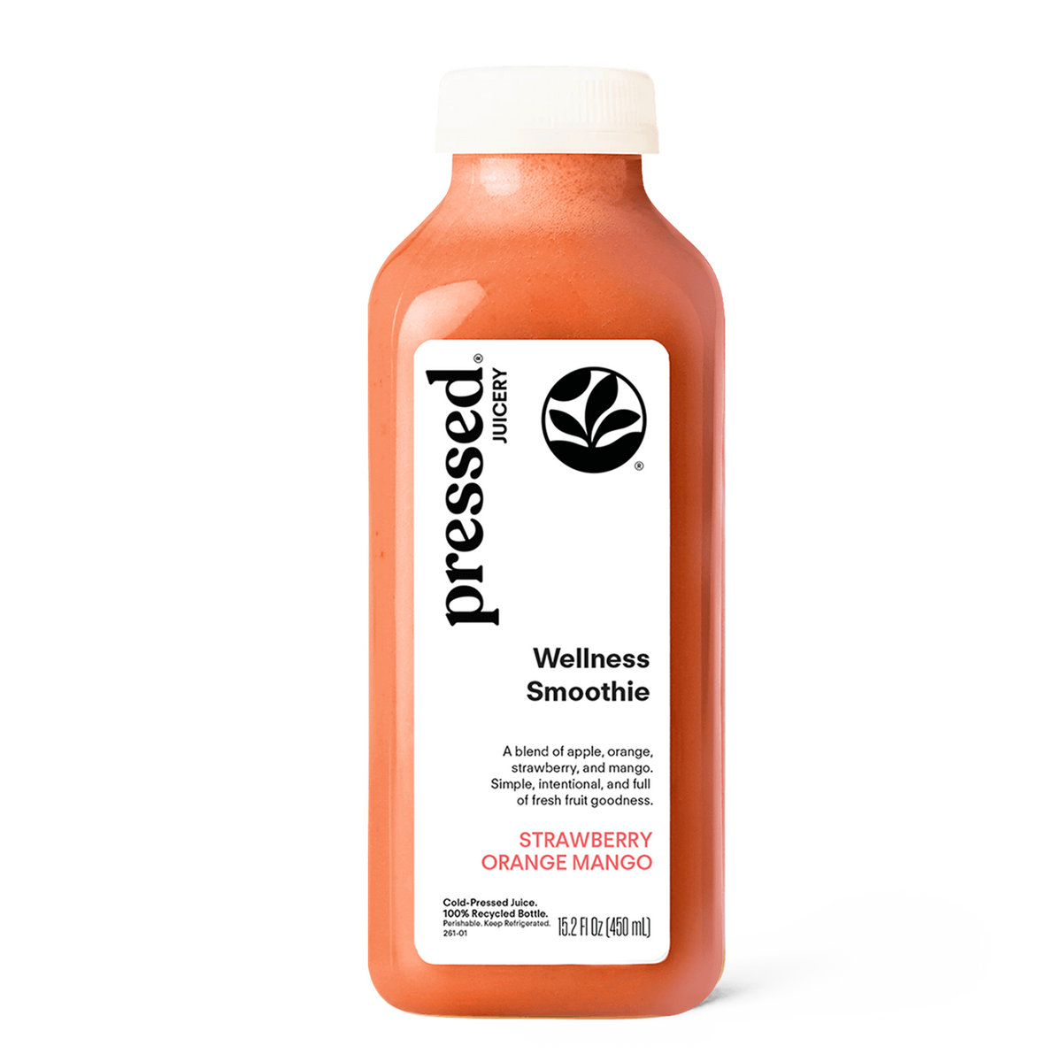 Bottle of pressed Juicery Strawberry Orange Mango Wellness Smoothie on a white background