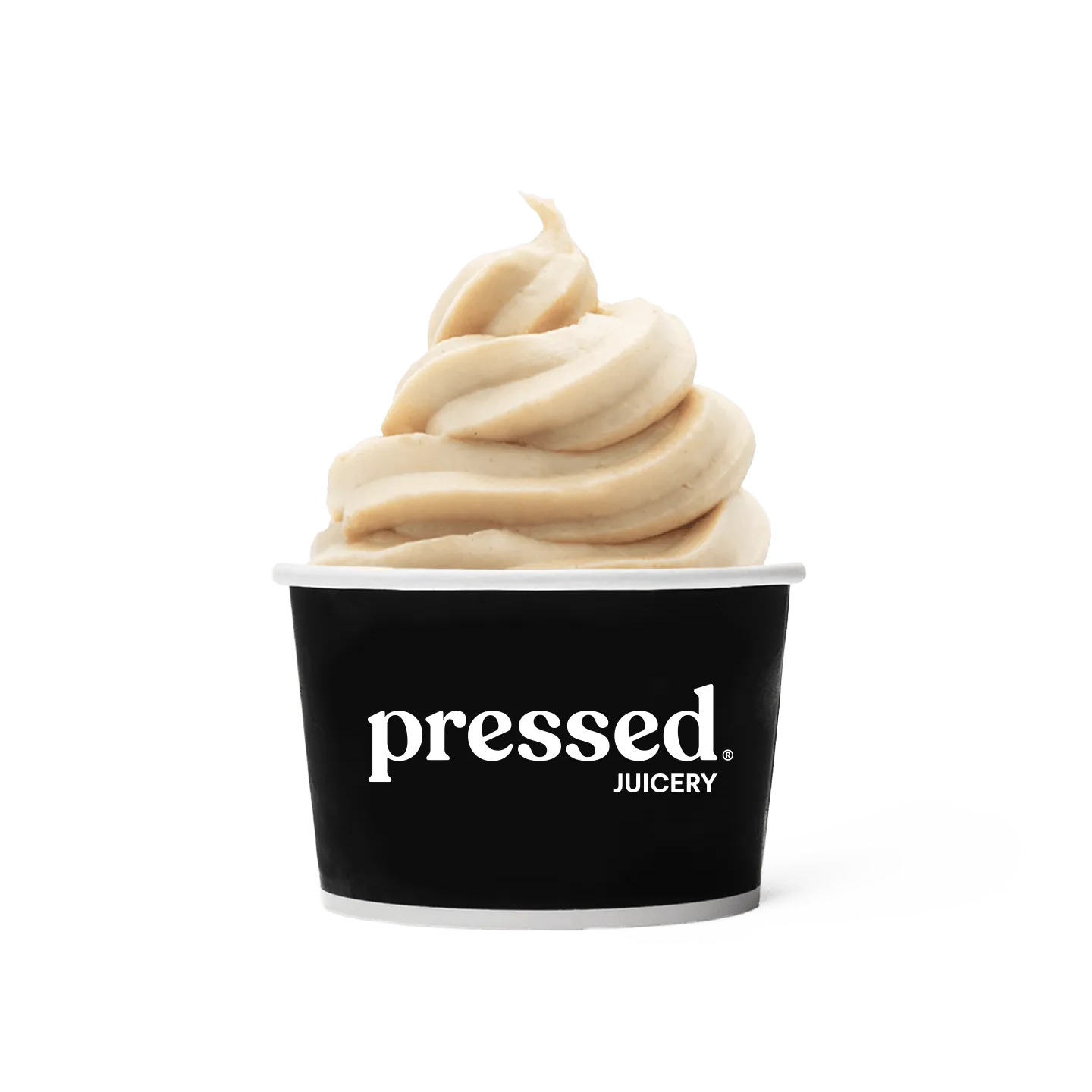 Pressed Juicery Tropical Protein Freeze in a black cup on a white background.
