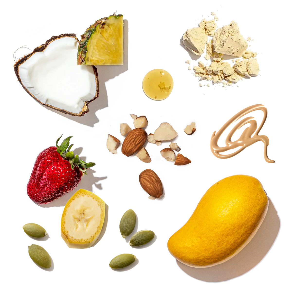 Assorted fruits and nuts on a white background