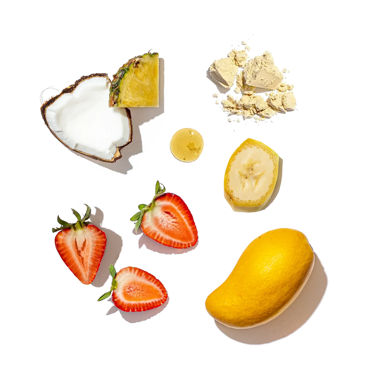 Pressed Tropical Sundae ingredients with coconut, pineapple, banana, strawberries and mango