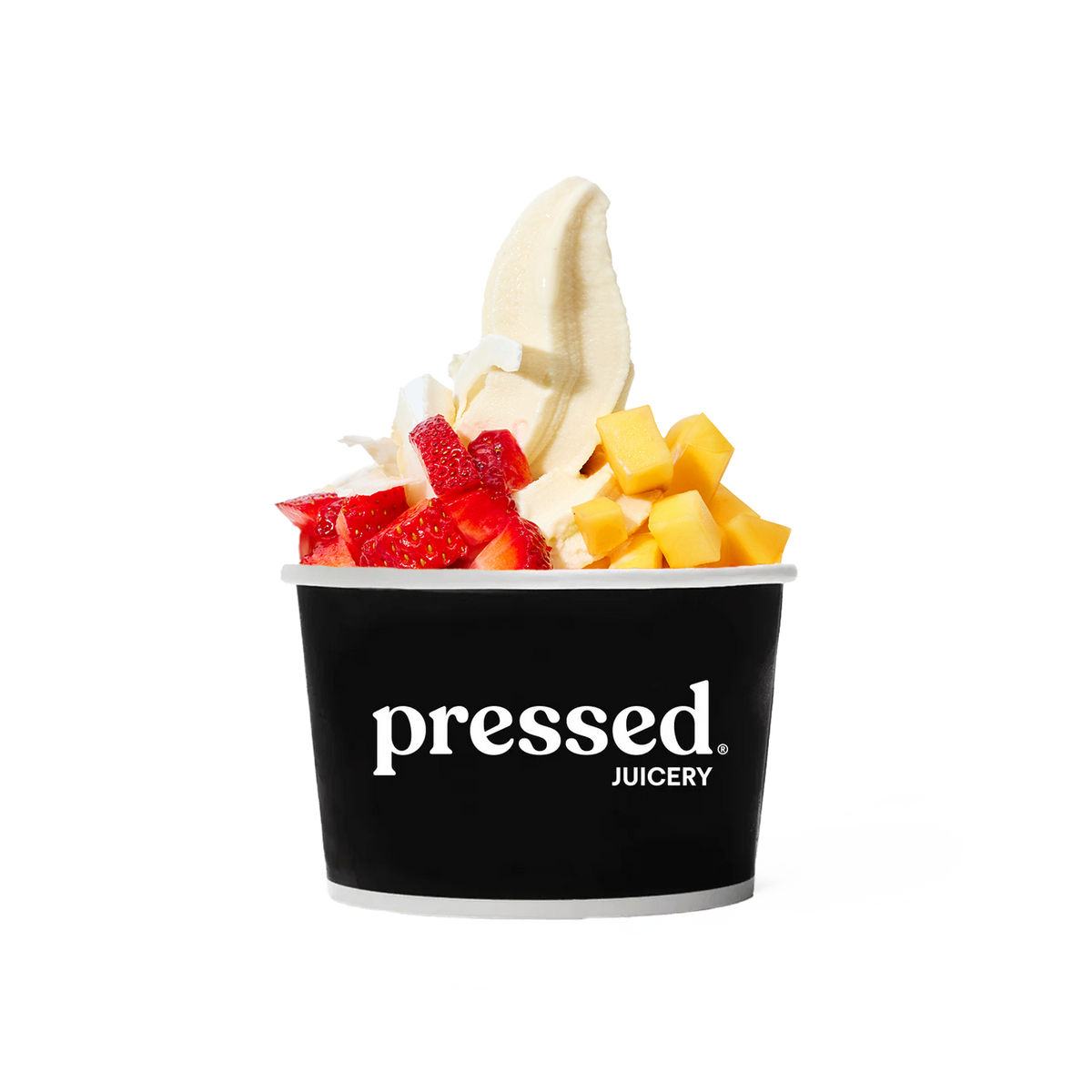 Pressed Juicery Tropical Sundae topped with strawberries, mango and coconut flakes