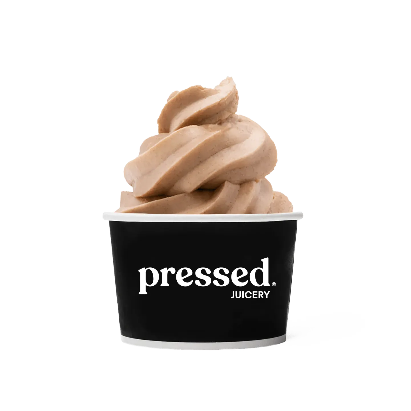 Pressed Juicery Vanilla Freeze in a black cup on a white background.