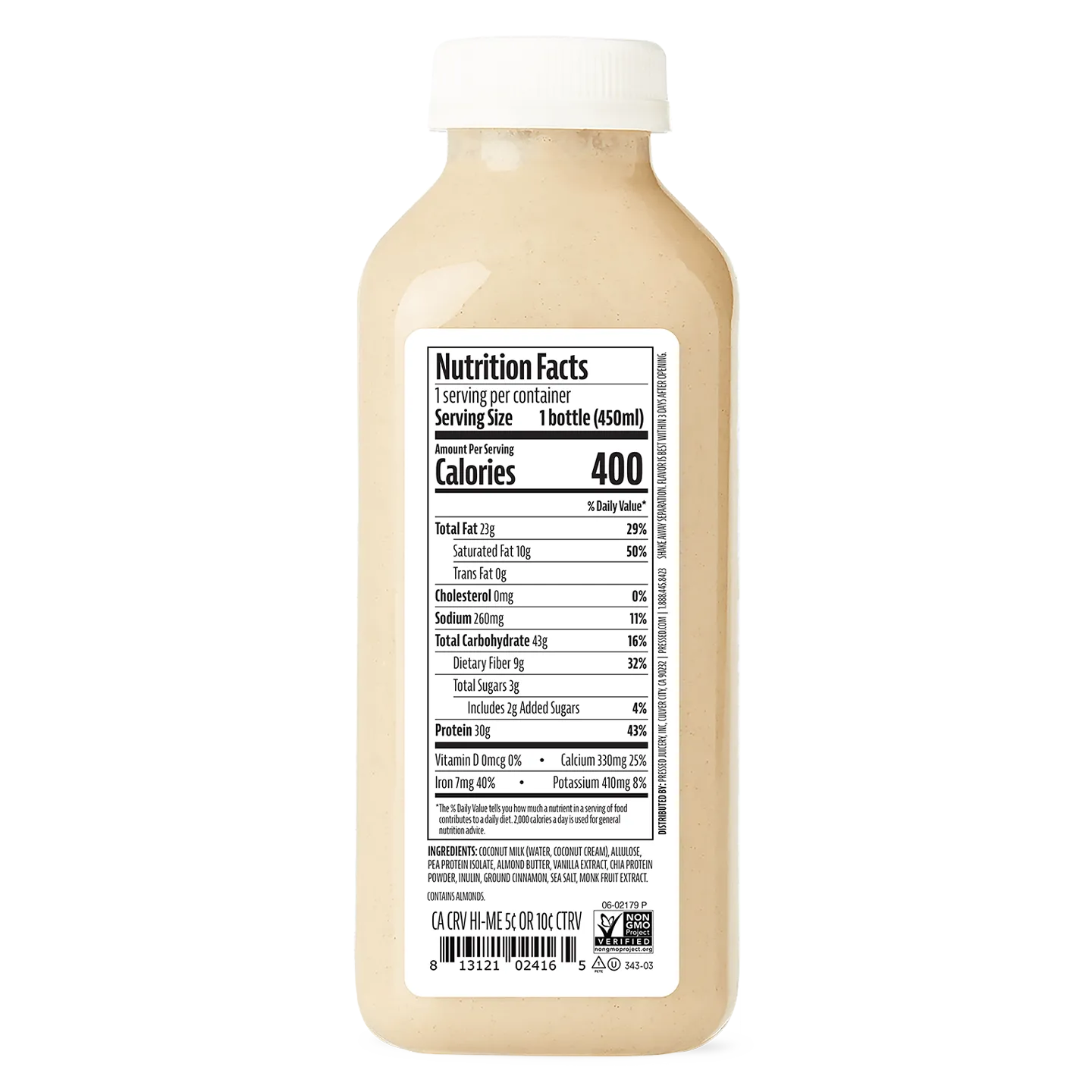 Bottle of creamy substance with a nutrition facts label on a white background