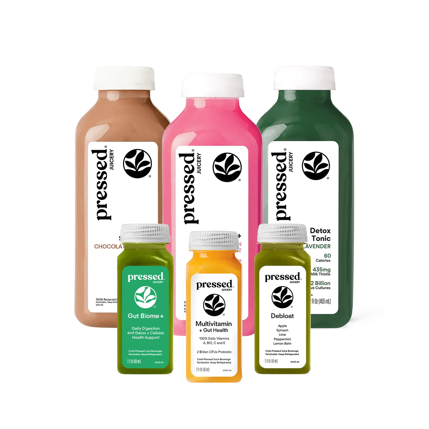 Six bottles of Pressed Beverages juices arranged on a white background, including Chocolate, Pink, Detox, Out Bione+, Multivitamin + Gut Health, and Deobloast.
