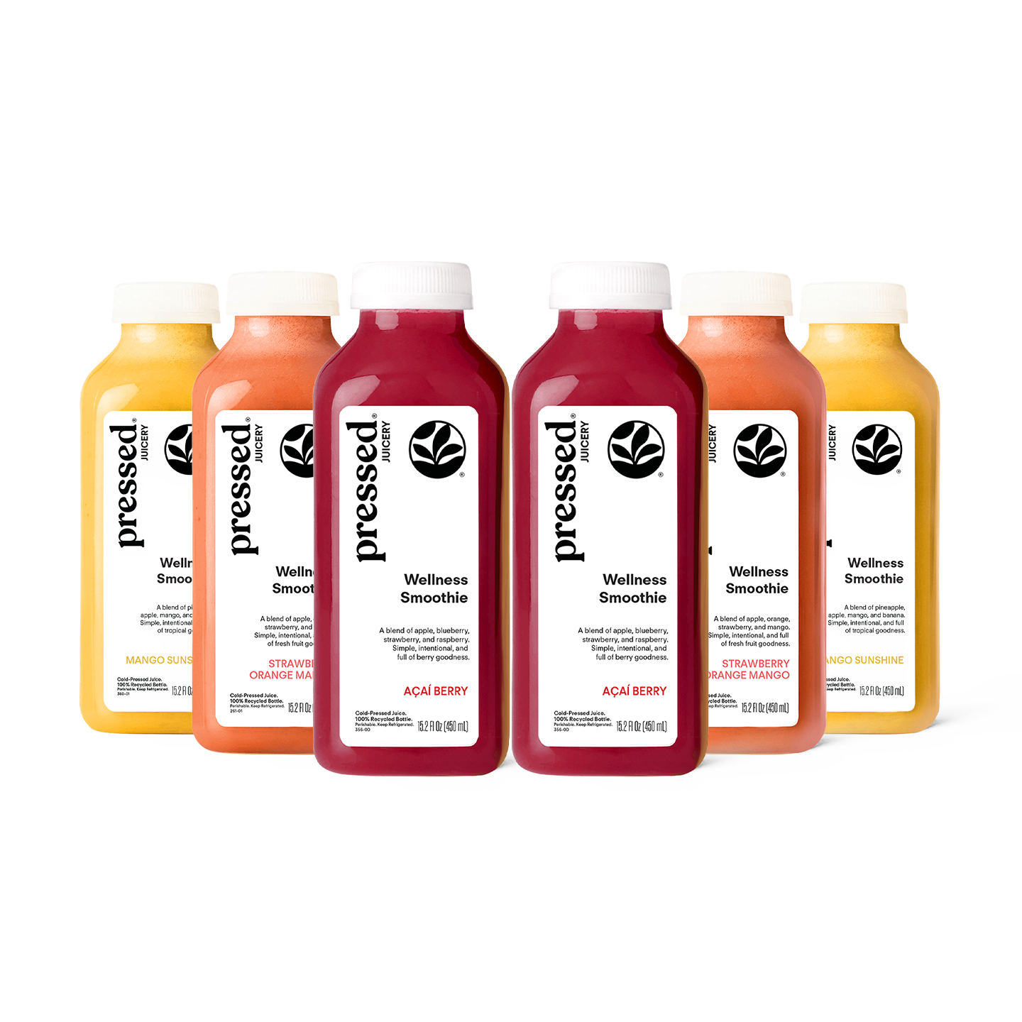 Six bottles of pressed wellness smoothies arranged in a row on a white background, showing flavors including Watermelon, Orange Mango, Acai Berry, and Strawberry Mango.