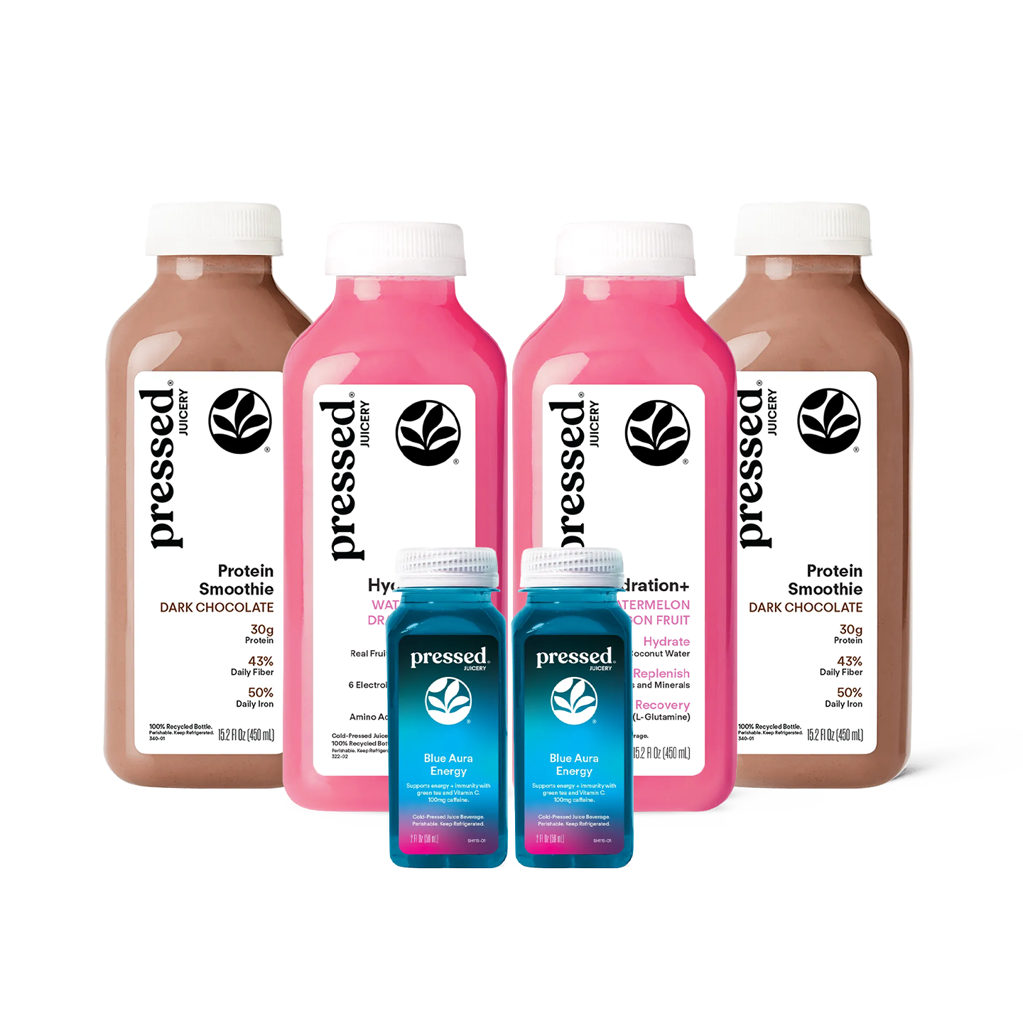 Pressed Juicery Workout Essentials Pack with Dark Chocolate Protein Smoothies, Hydration+ Watermelon Dragon Fruit drinks, and Blue Aura Energy shots.