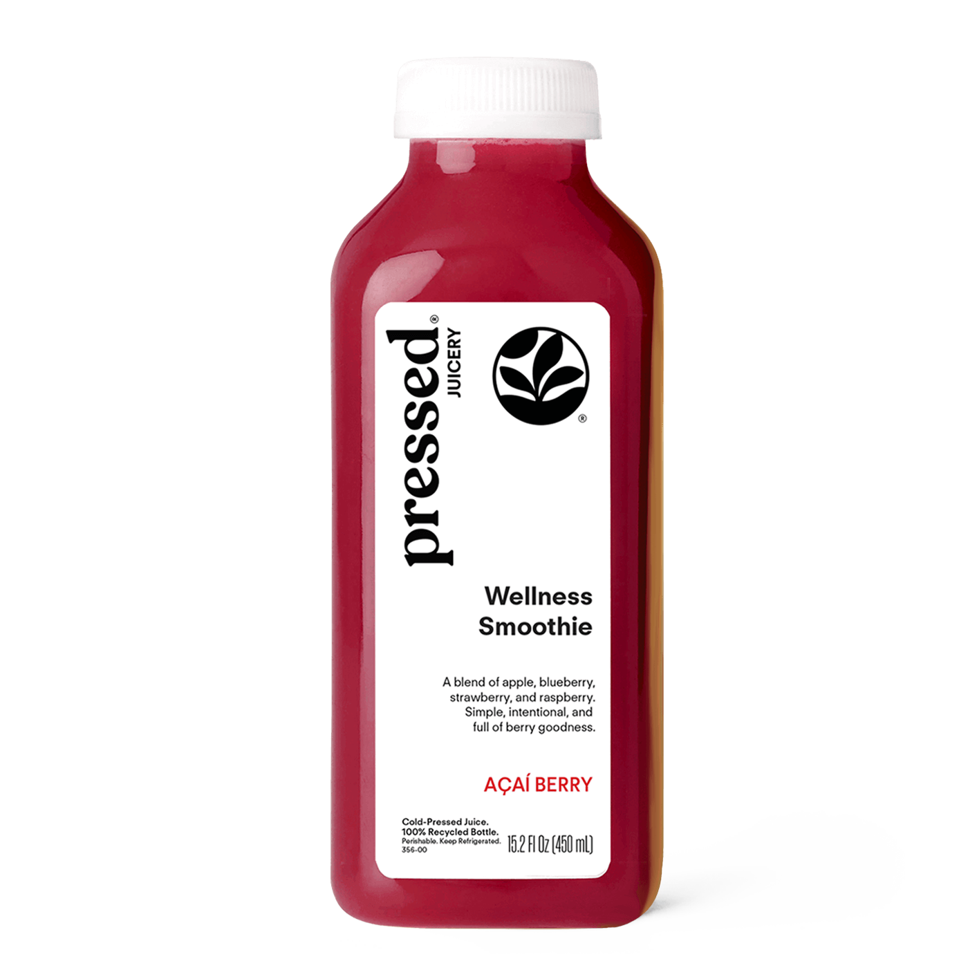 Red smoothie bottle labeled 'Pressed' on a white background