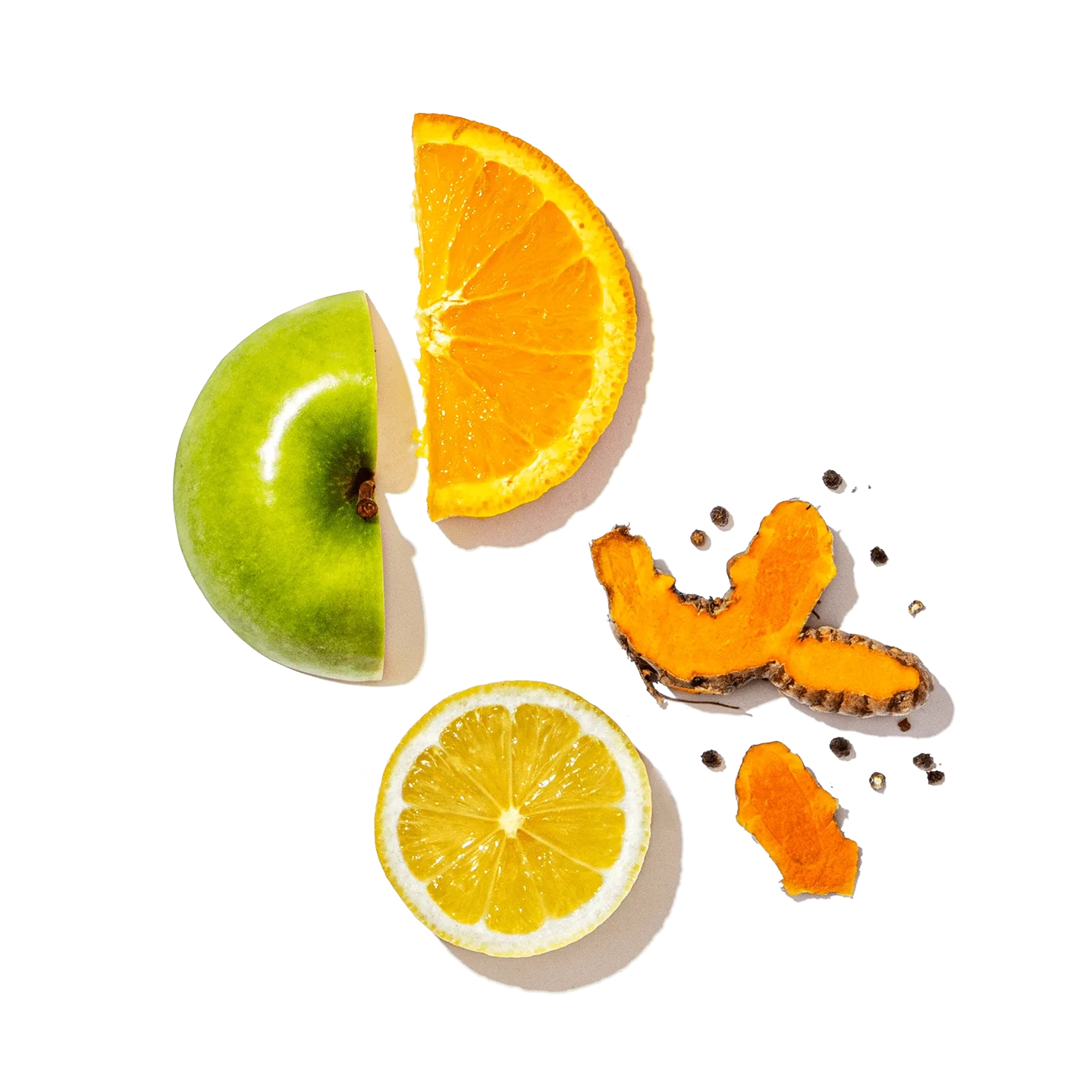 Sliced fruits including an apple, orange, and lemon on a transparent background