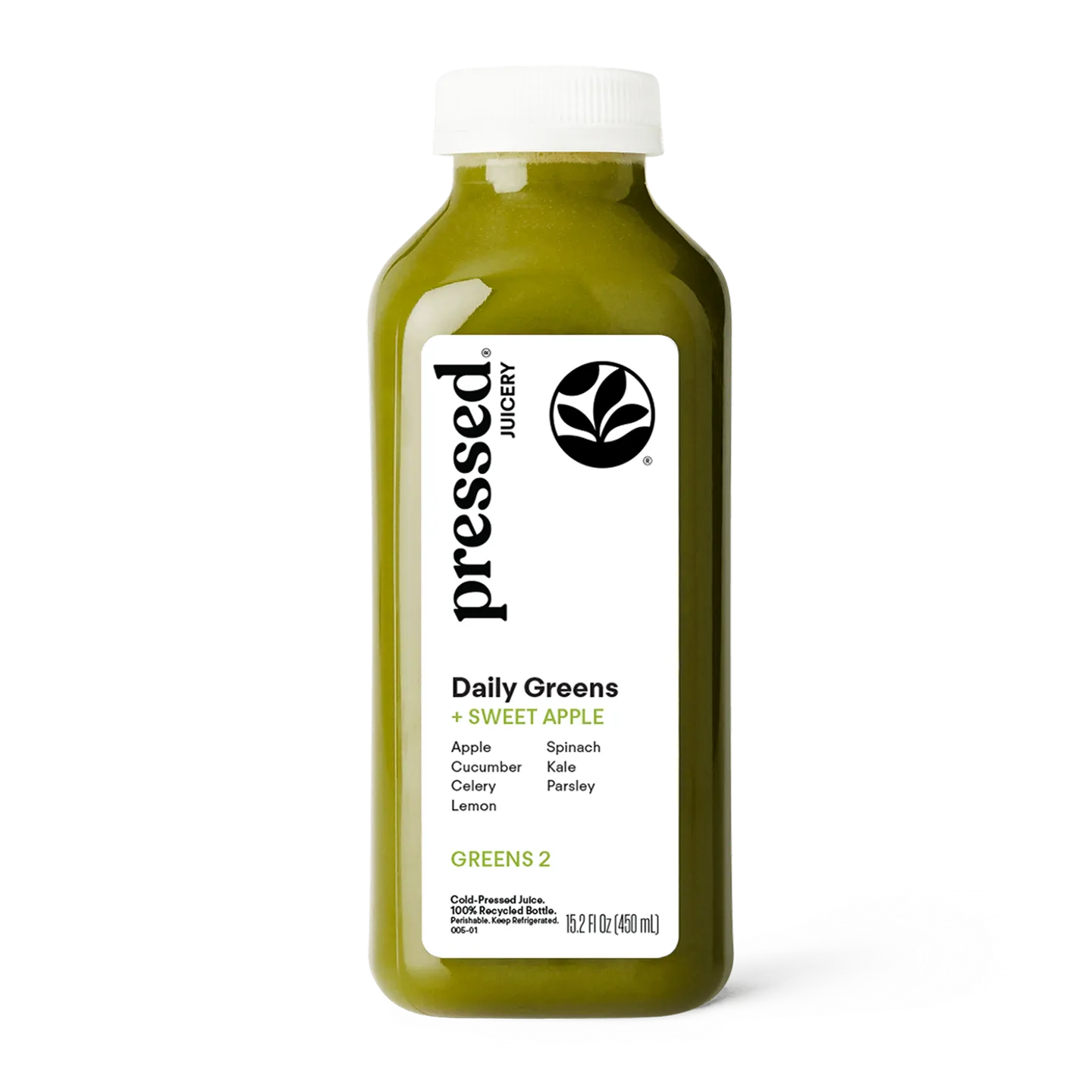 Bottle of 'Pressed Juicery' Daily Greens + Sweet Apple juice on a white background
